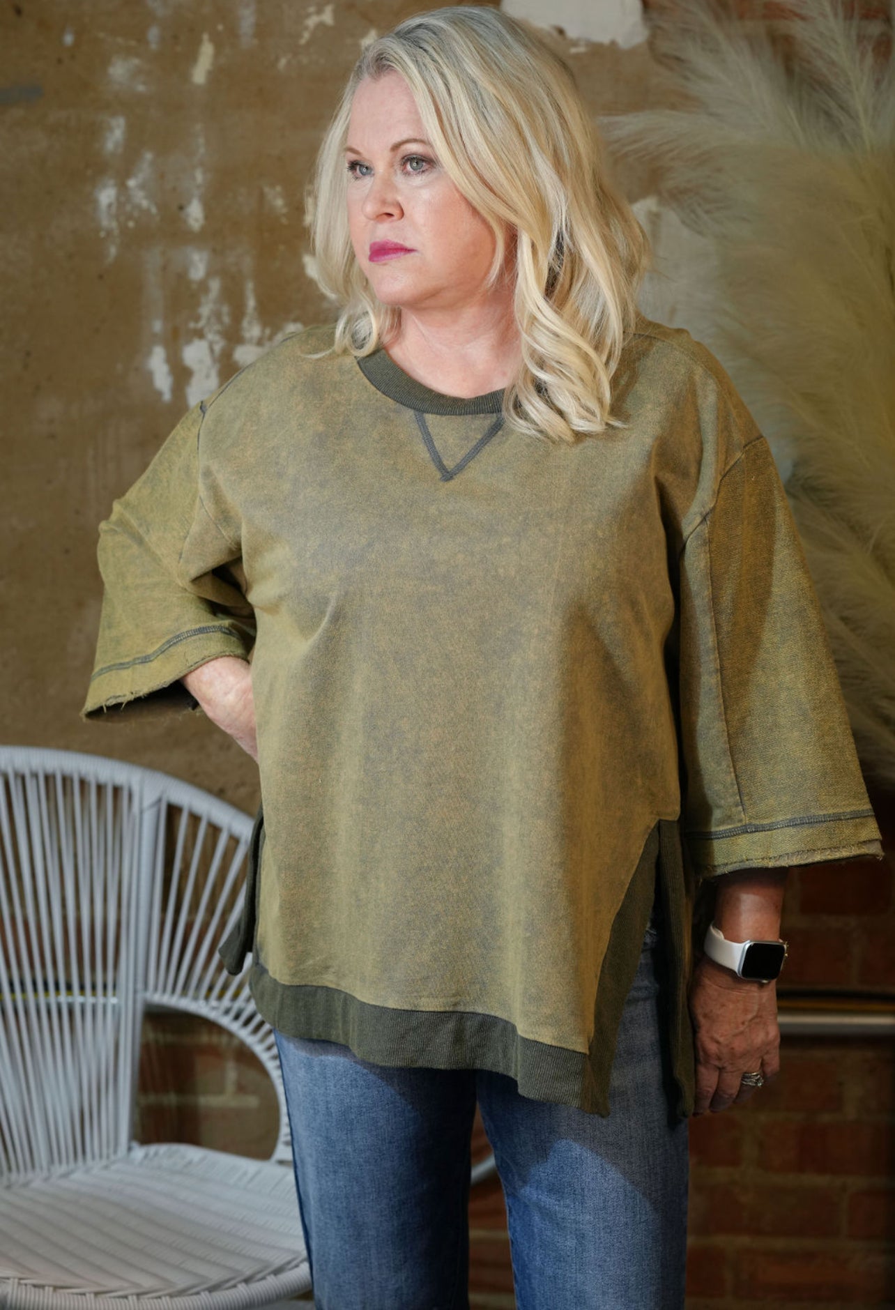 Umgee Lt Olive 3/4 Sleeve Top-Tops-Umgee USA Inc-Market Street Nest, Fashionable Clothing, Shoes and Home Décor Located in Mabank, TX