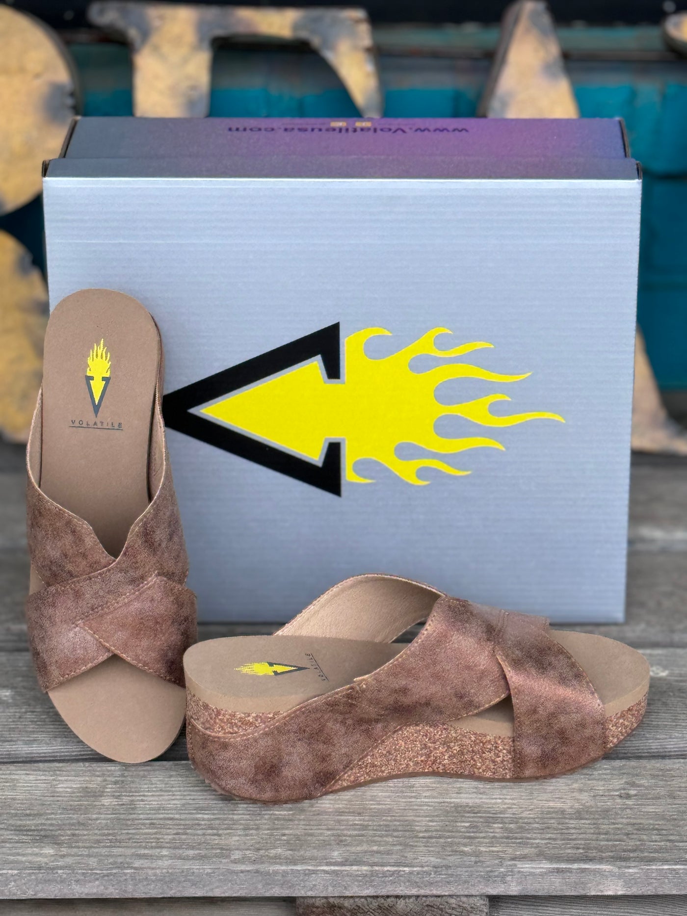 Front and Side View. Volatile Firefly Wedge Sandal In Bronze-Shoes-Volatile Shoewear-Market Street Nest, Fashionable Clothing, Shoes and Home Décor Located in Mabank, TX