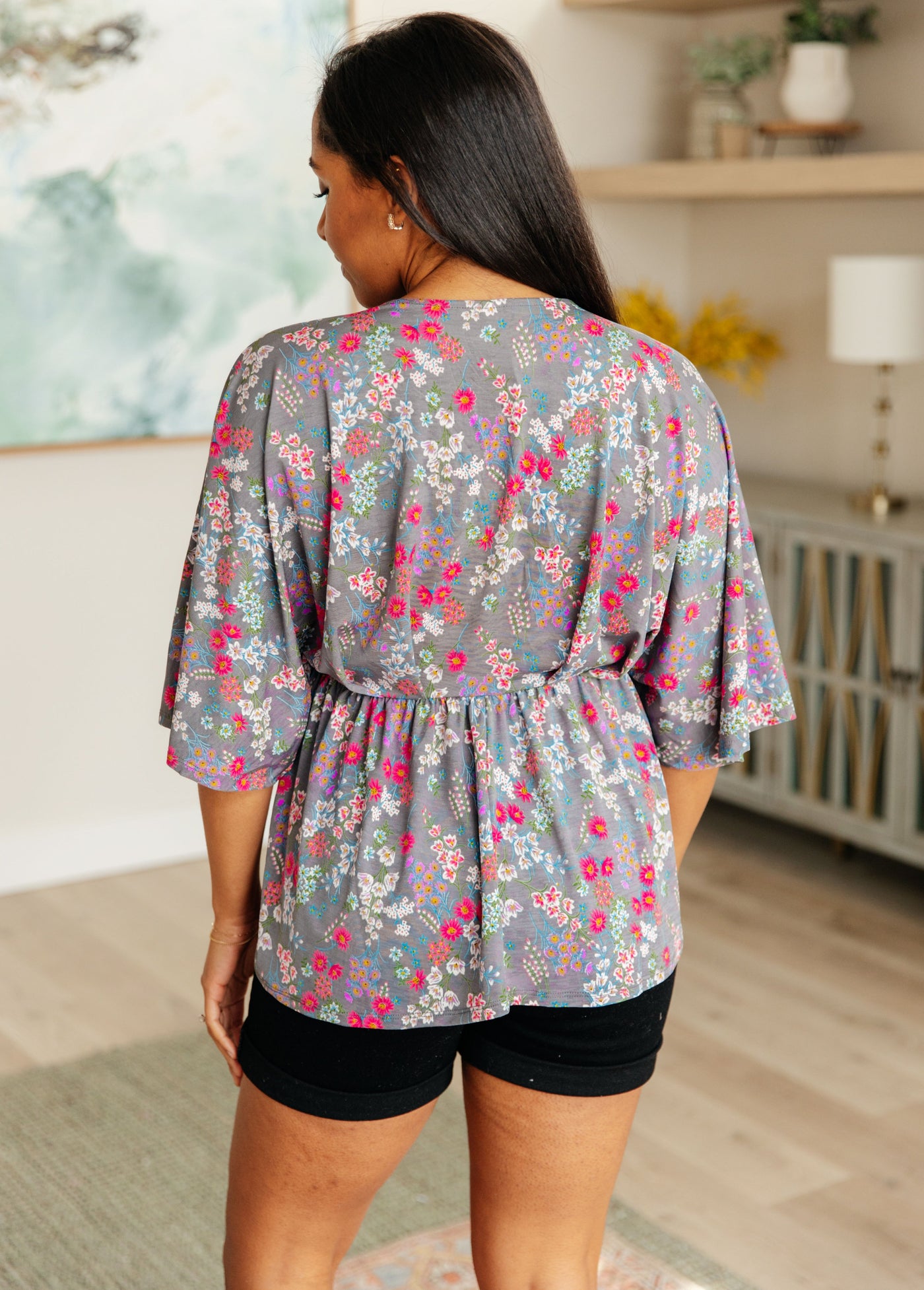 Dreamer Peplum Top in Grey and Pink Floral-Tops-Ave Shops-Market Street Nest, Fashionable Clothing, Shoes and Home Décor Located in Mabank, TX