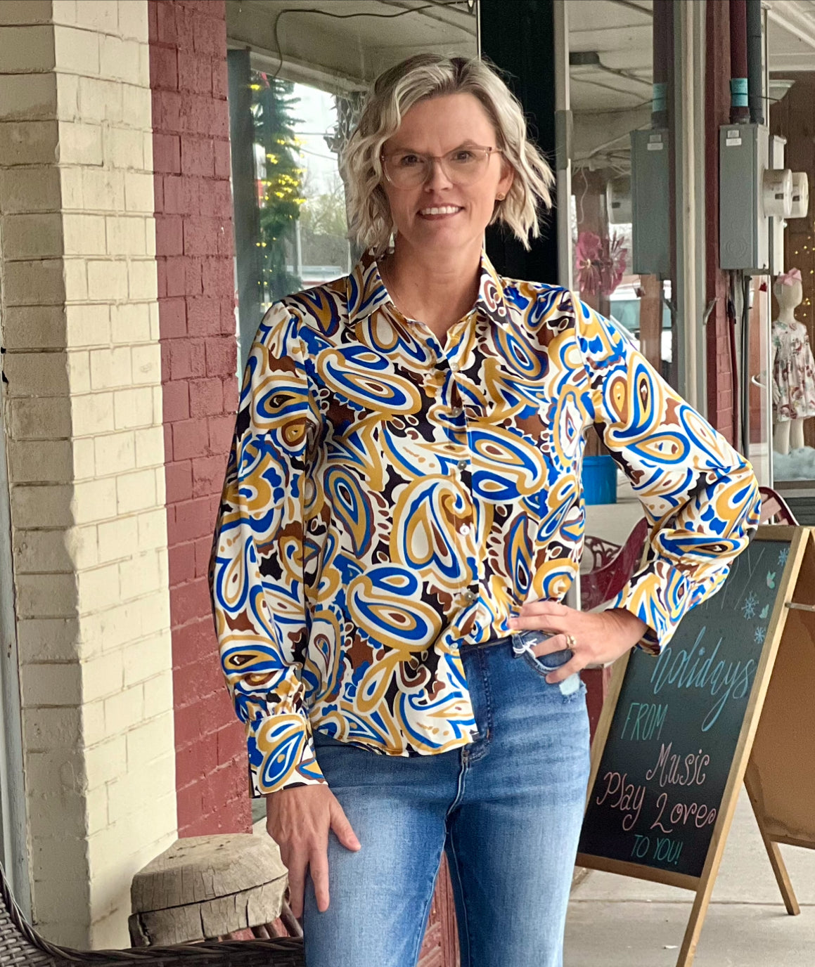 Front View. Paisley Printed Button-down Blouse-Tops-L Love-Market Street Nest, Fashionable Clothing, Shoes and Home Décor Located in Mabank, TX