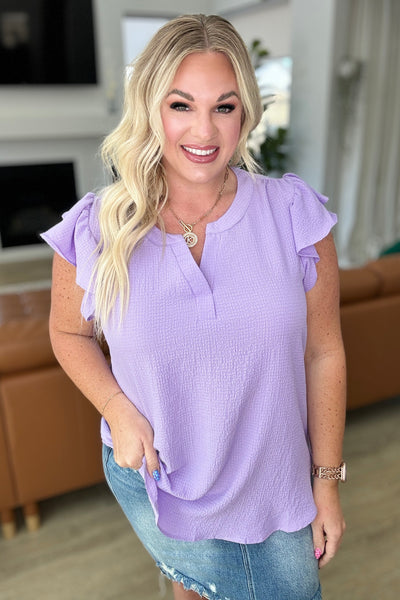 Crinkle Split Neckline Flutter Sleeve Top in Lavender-Tops-Ave Shops-Market Street Nest, Fashionable Clothing, Shoes and Home Décor Located in Mabank, TX