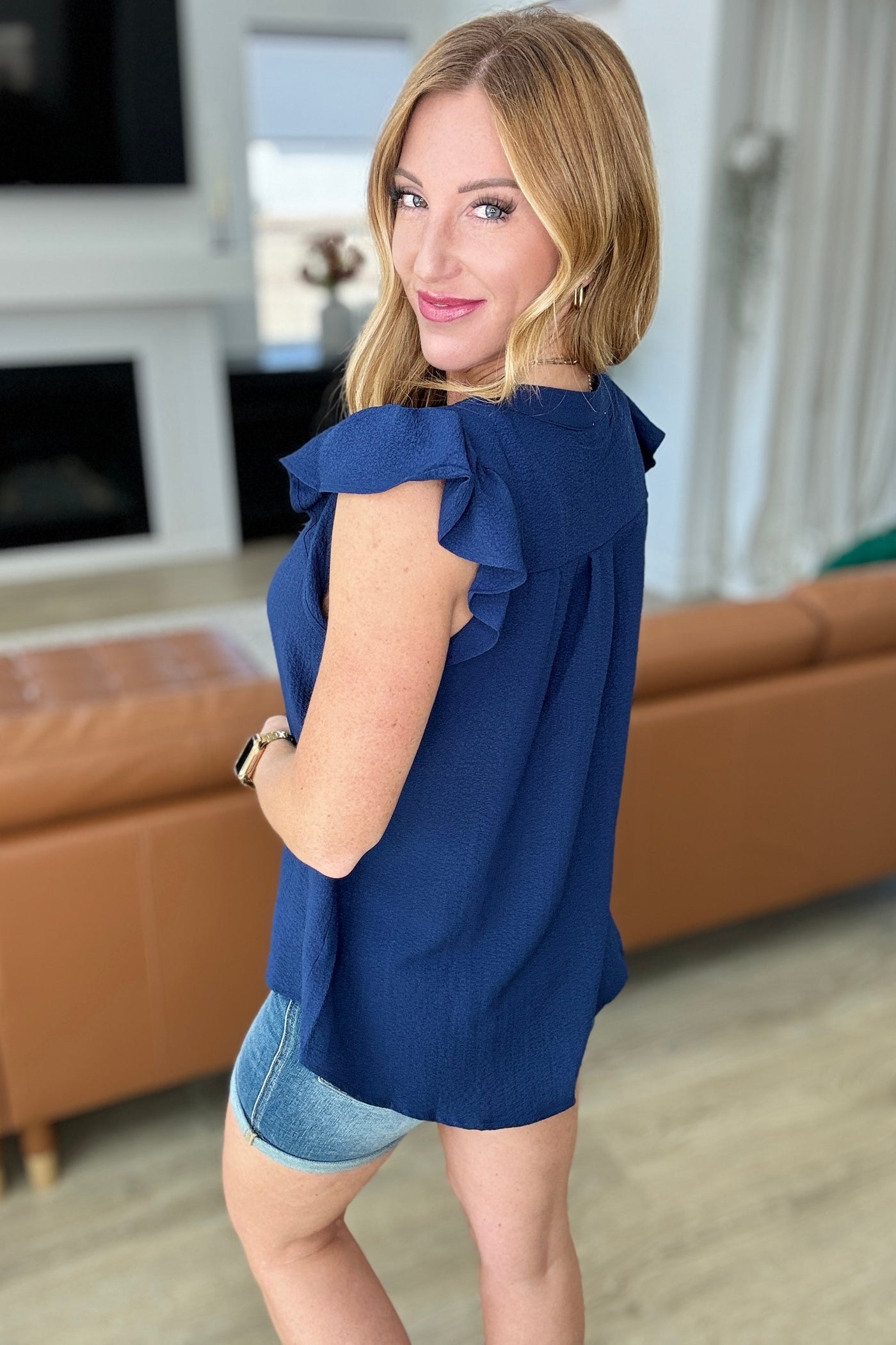 Crinkle Split Neckline Flutter Sleeve Top in Navy-Tops-Ave Shops-Market Street Nest, Fashionable Clothing, Shoes and Home Décor Located in Mabank, TX