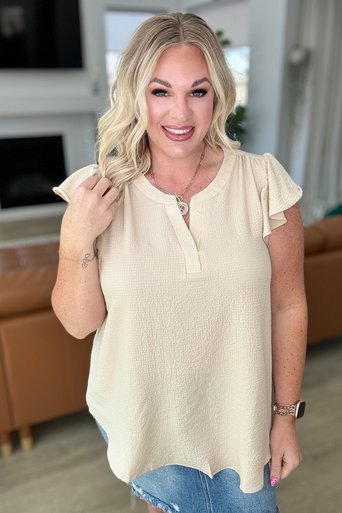 Crinkle Split Neckline Flutter Sleeve Top in Taupe-Tops-Ave Shops-Market Street Nest, Fashionable Clothing, Shoes and Home Décor Located in Mabank, TX