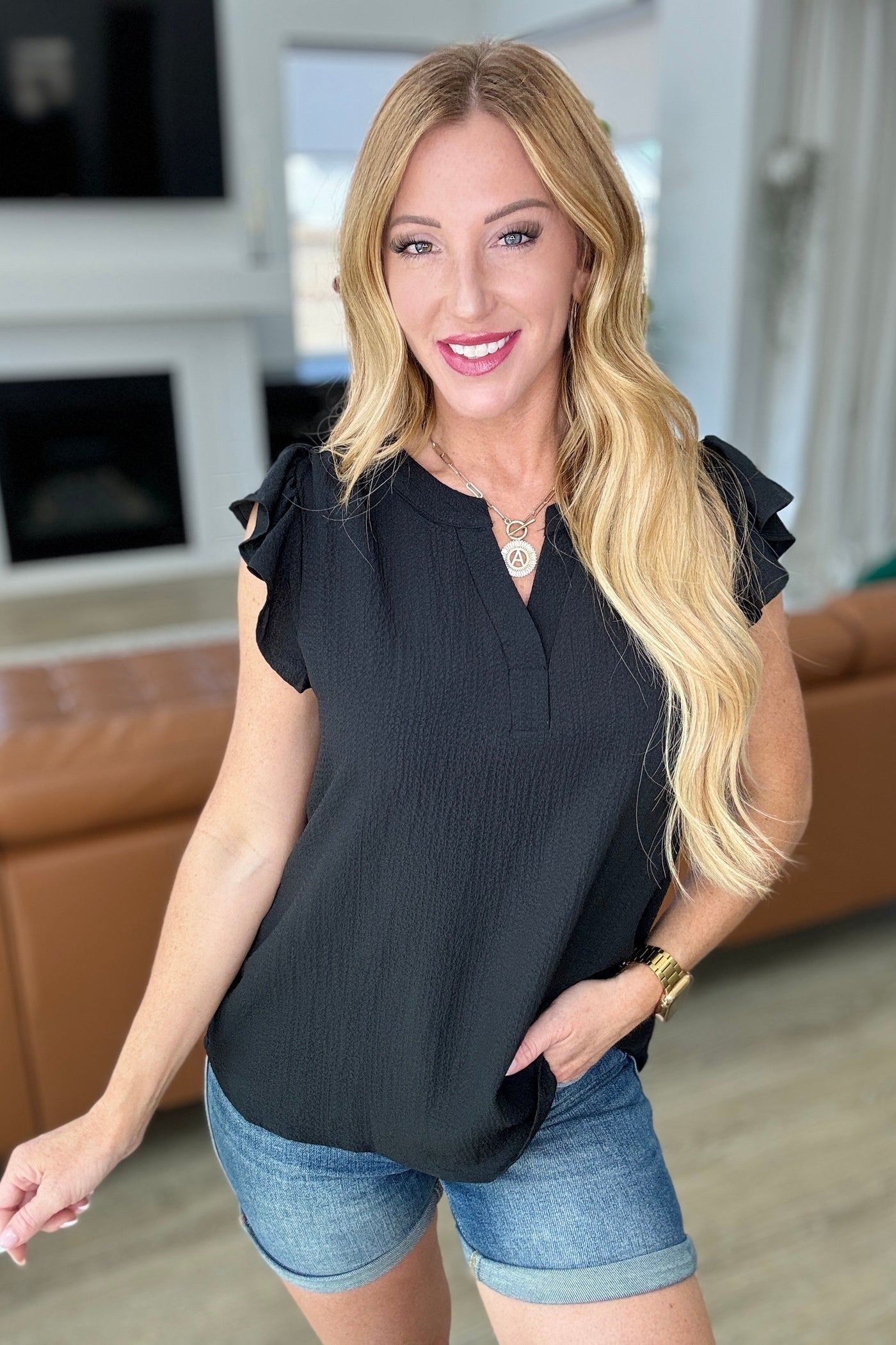 Crinkle Split Neckline Flutter Sleeve Top In Black-Tops-Ave Shops-Market Street Nest, Fashionable Clothing, Shoes and Home Décor Located in Mabank, TX