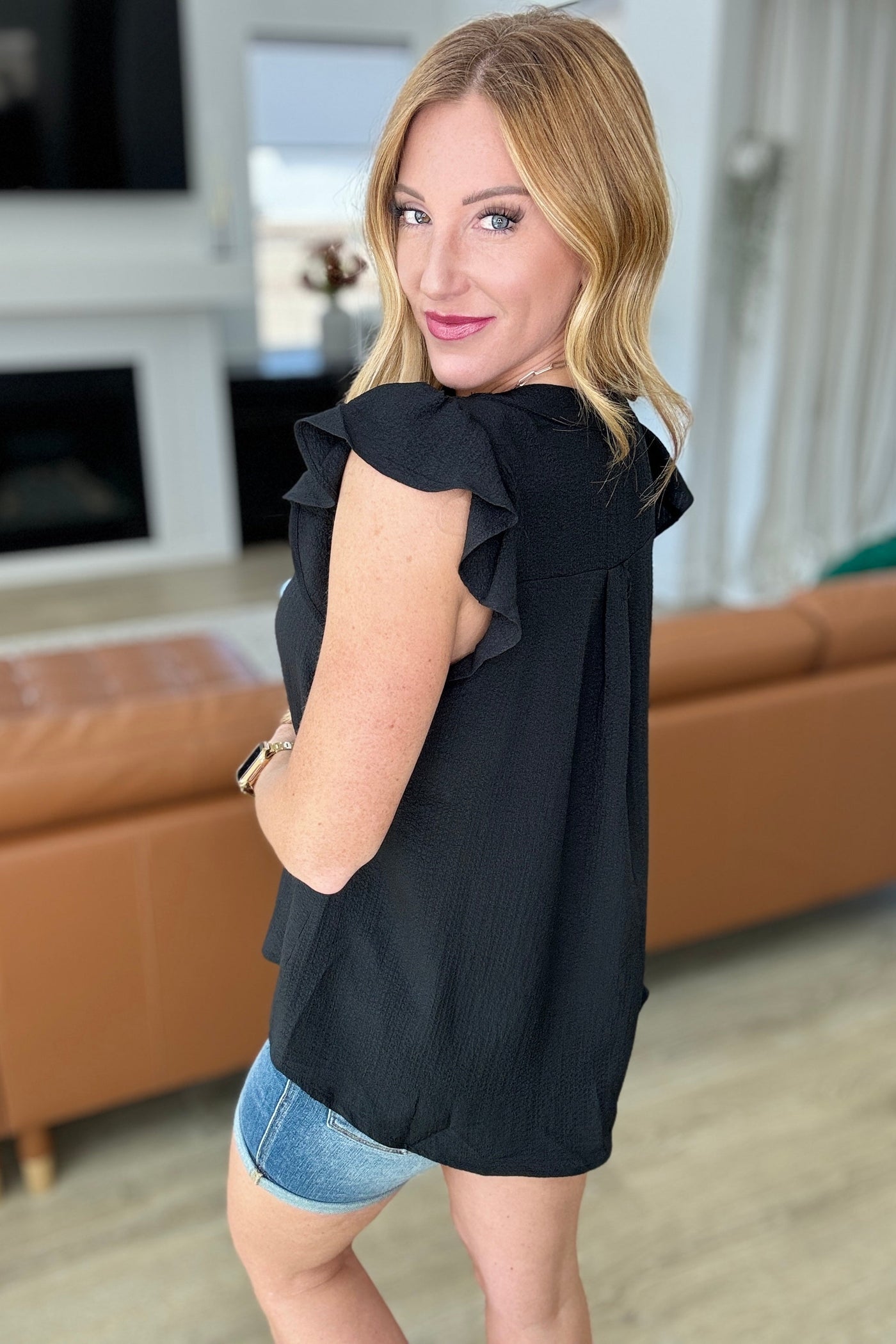 Crinkle Split Neckline Flutter Sleeve Top In Black-Tops-Ave Shops-Market Street Nest, Fashionable Clothing, Shoes and Home Décor Located in Mabank, TX