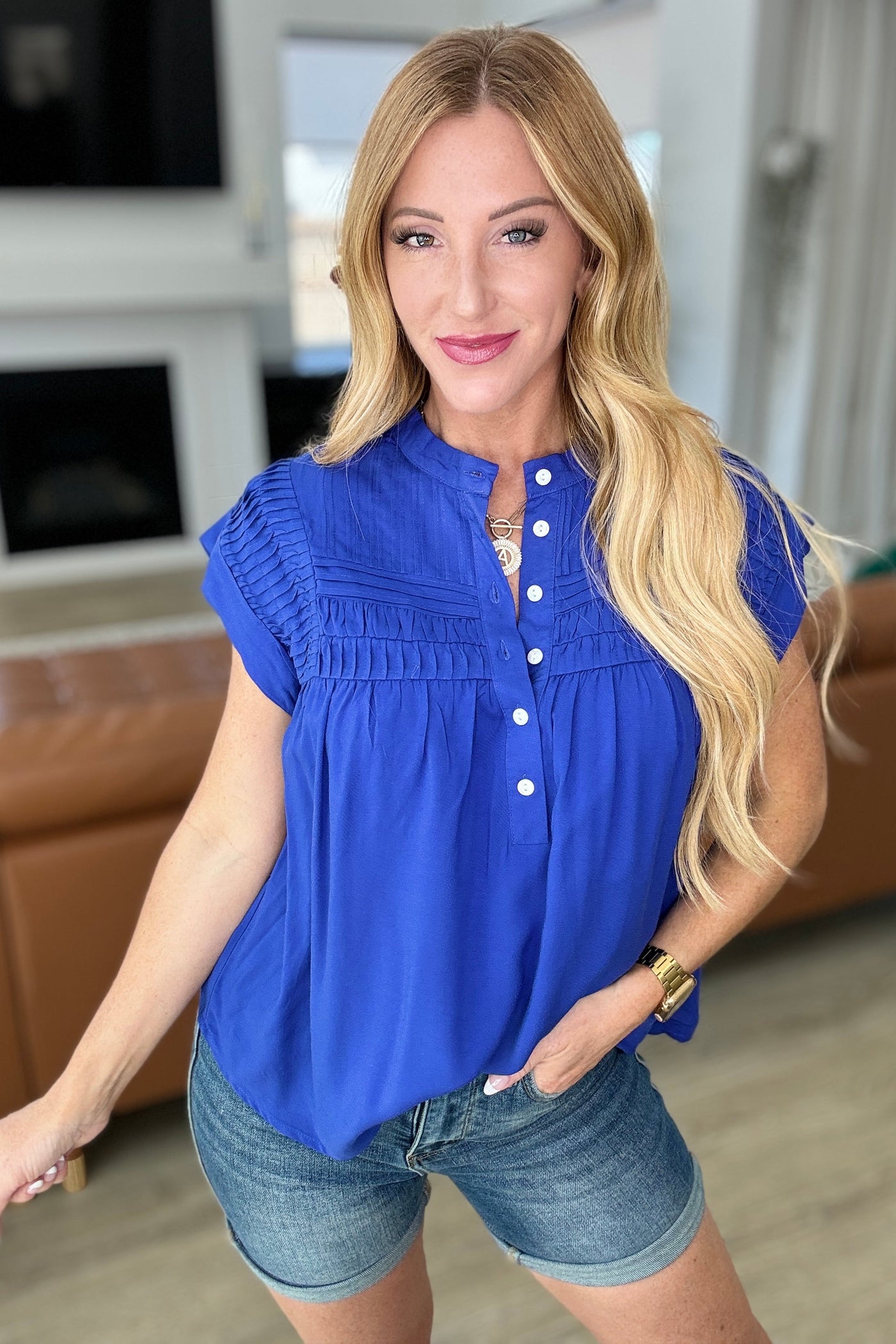 Pleat Detail Button Up Blouse in Royal Blue-Tops-Ave Shops-Market Street Nest, Fashionable Clothing, Shoes and Home Décor Located in Mabank, TX