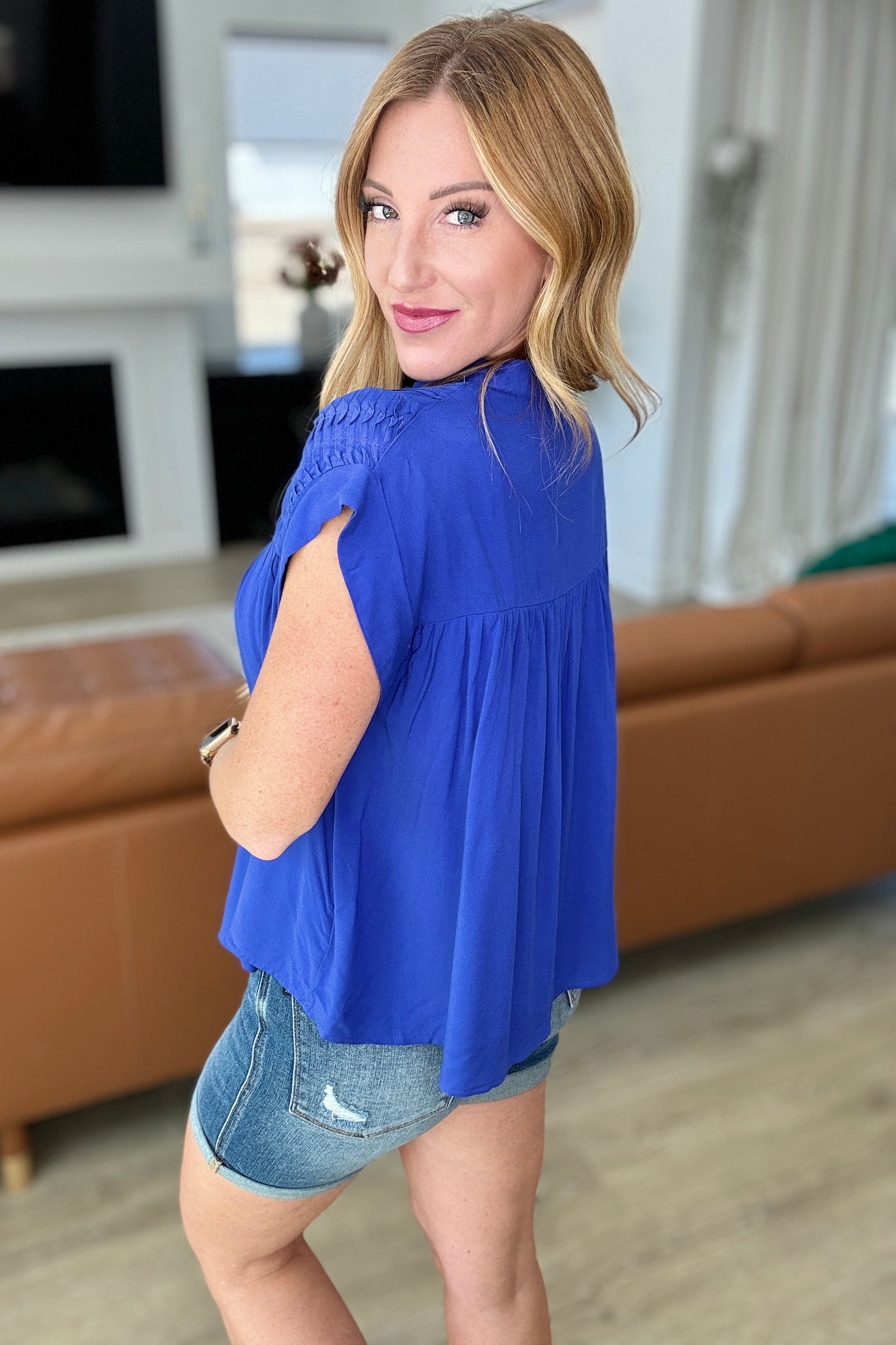 Pleat Detail Button Up Blouse in Royal Blue-Tops-Ave Shops-Market Street Nest, Fashionable Clothing, Shoes and Home Décor Located in Mabank, TX