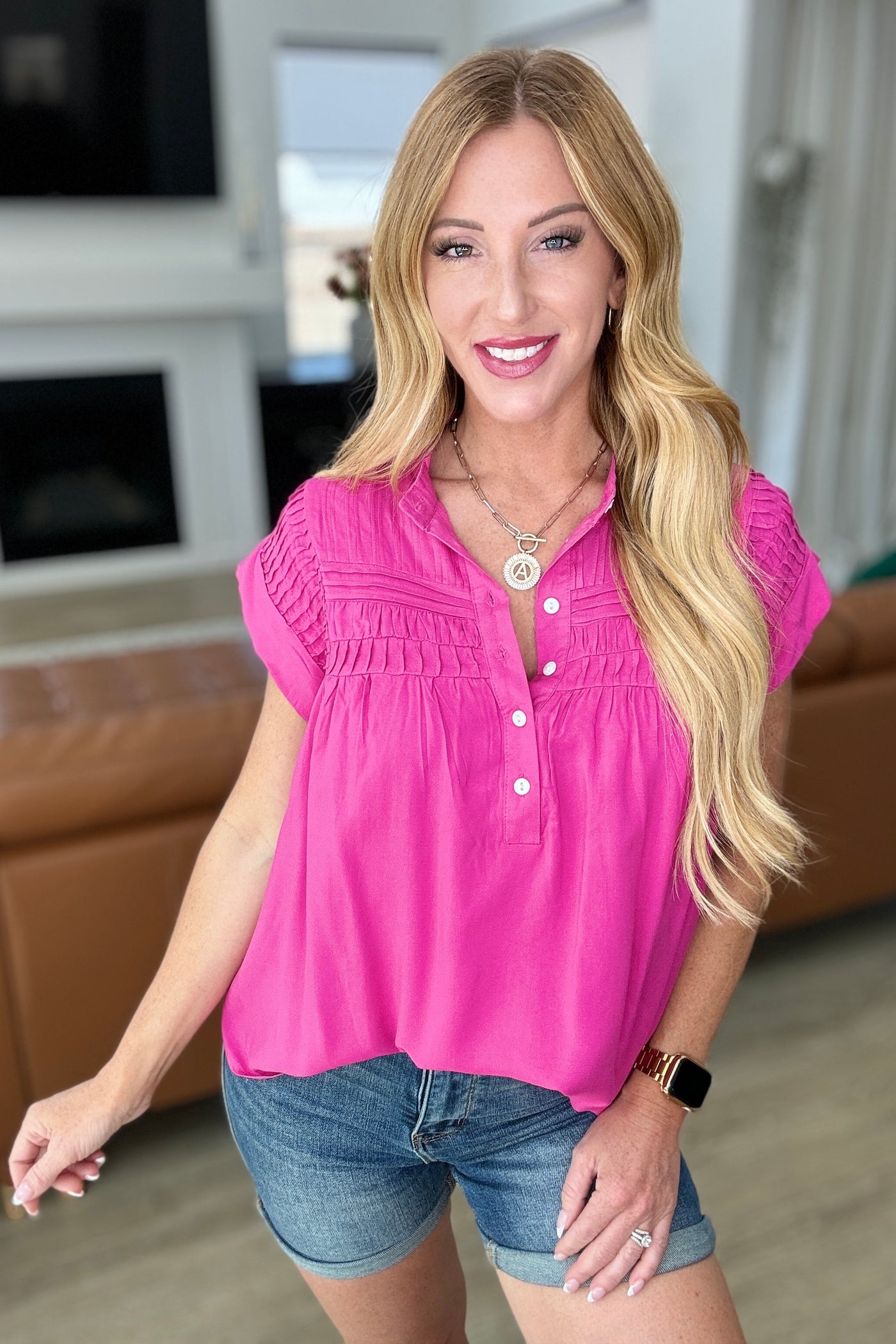 Pleat Detail Button Up Blouse in Hot Pink-Tops-Ave Shops-Market Street Nest, Fashionable Clothing, Shoes and Home Décor Located in Mabank, TX