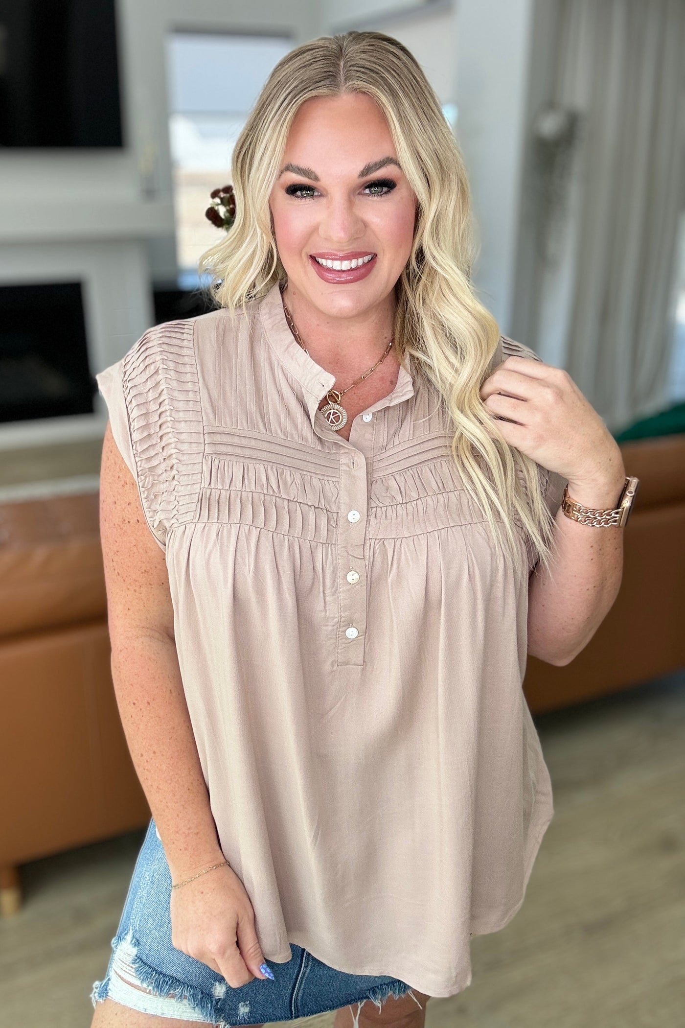 Pleat Detail Button Up Blouse in Taupe-Tops-Ave Shops-Market Street Nest, Fashionable Clothing, Shoes and Home Décor Located in Mabank, TX