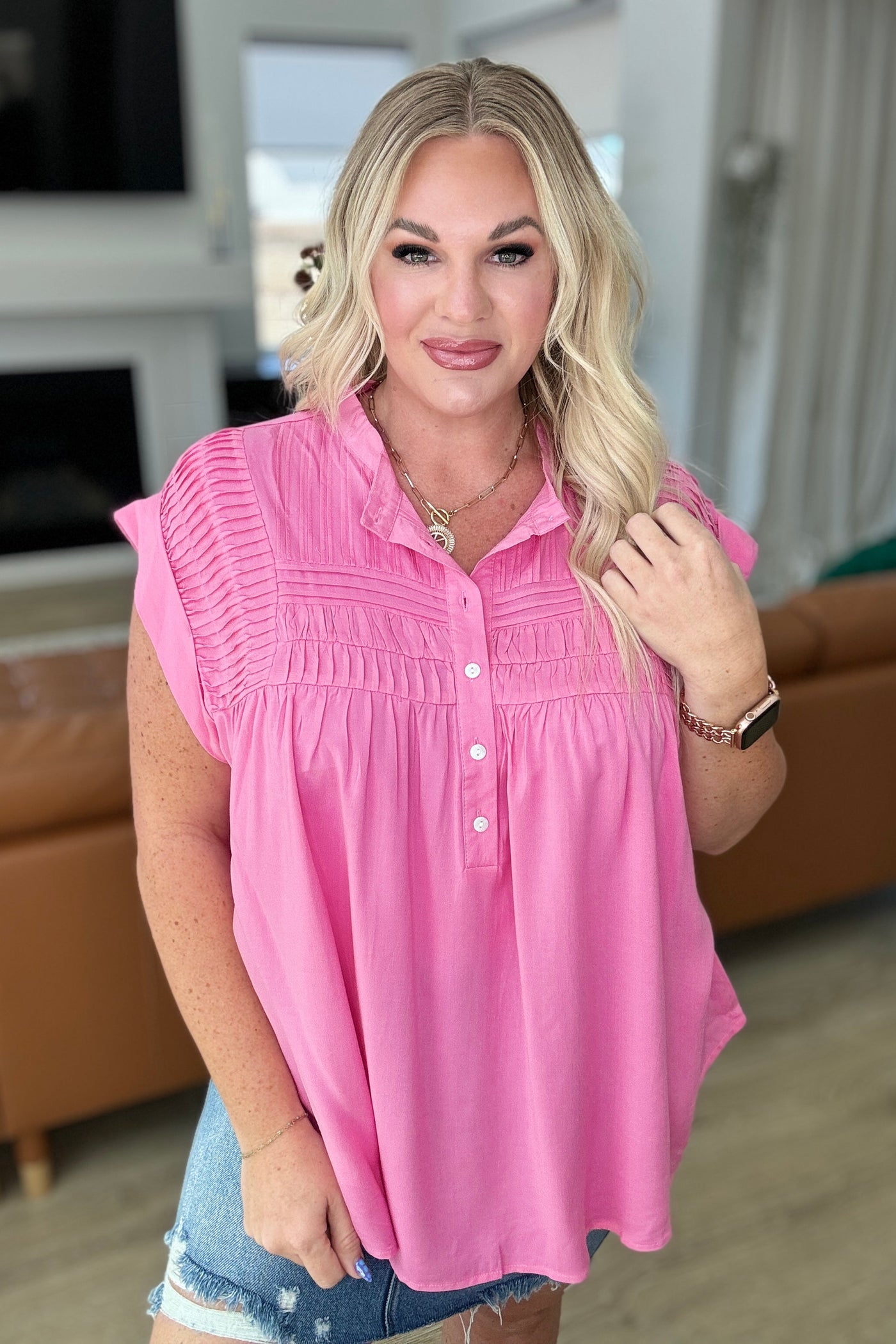 Pleat Detail Button Up Blouse in Pink Cosmos-Tops-Ave Shops-Market Street Nest, Fashionable Clothing, Shoes and Home Décor Located in Mabank, TX