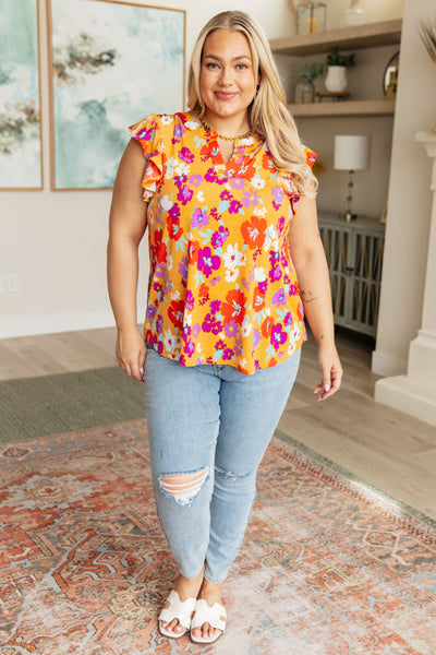 Lizzy Flutter Sleeve Top in Apricot and Red Floral-Tops-Ave Shops-Market Street Nest, Fashionable Clothing, Shoes and Home Décor Located in Mabank, TX