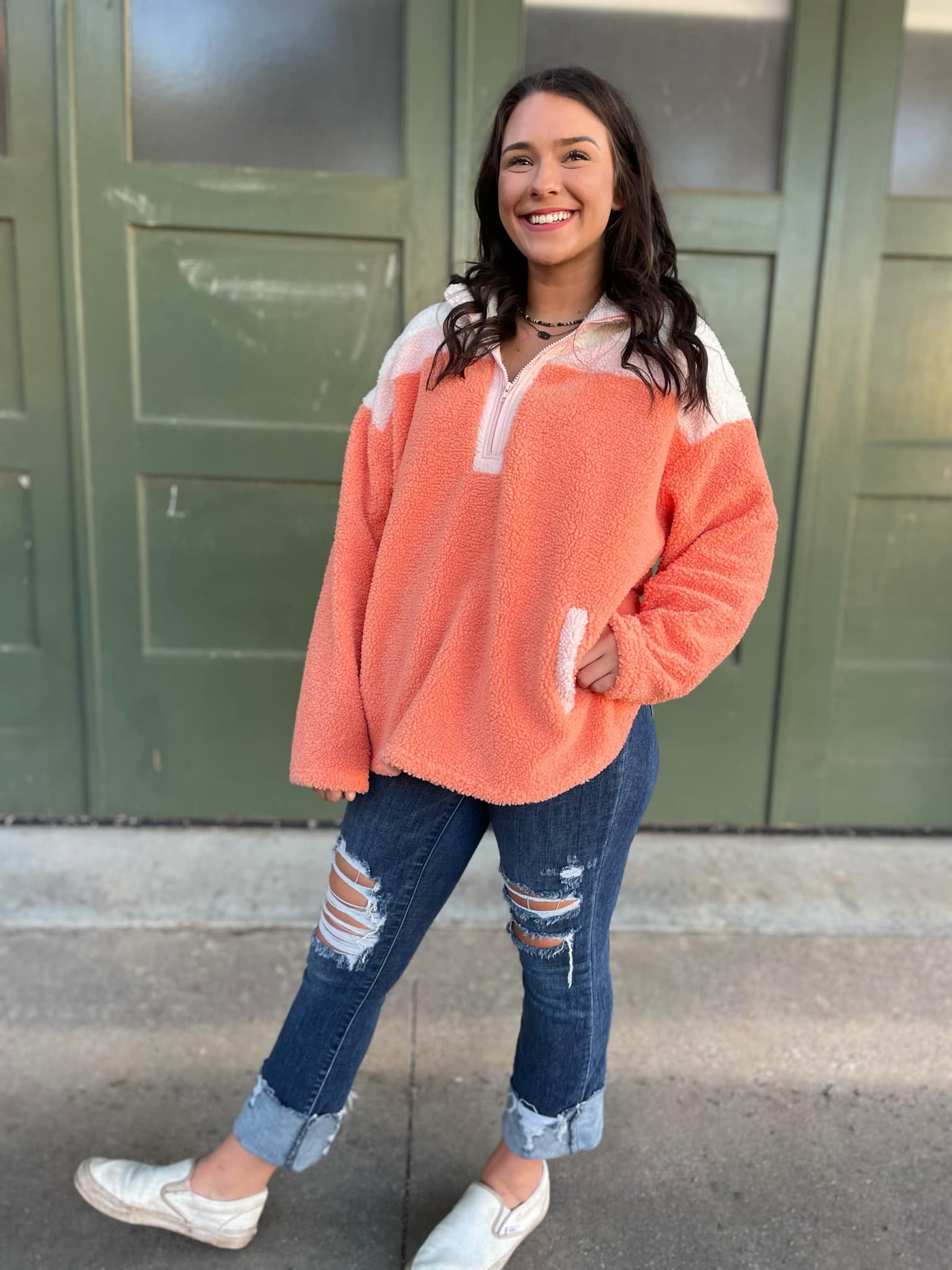 PREORDER: Half Zip Fleece Pullover in Sherbet-Womens-Ave Shops-Market Street Nest, Fashionable Clothing, Shoes and Home Décor Located in Mabank, TX