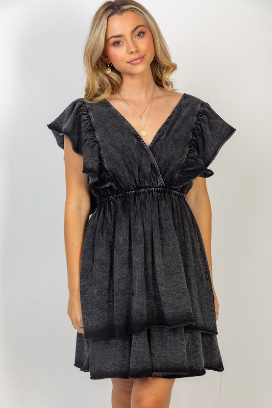 Short Flutter Sleeve Solid Knit Dress in Black-Dresses & Rompers-White Birch-Market Street Nest, Fashionable Clothing, Shoes and Home Décor Located in Mabank, TX