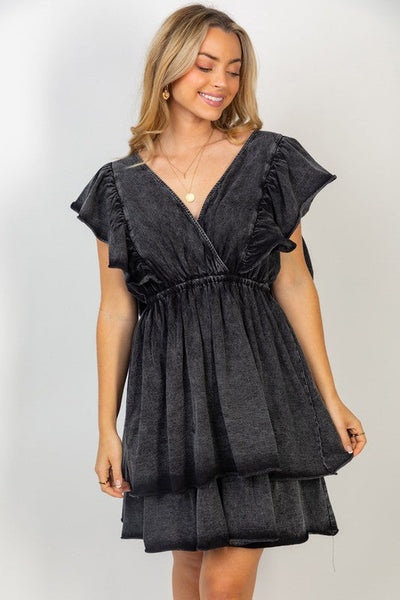 Short Flutter Sleeve Solid Knit Dress in Black-Dresses & Rompers-White Birch-Market Street Nest, Fashionable Clothing, Shoes and Home Décor Located in Mabank, TX