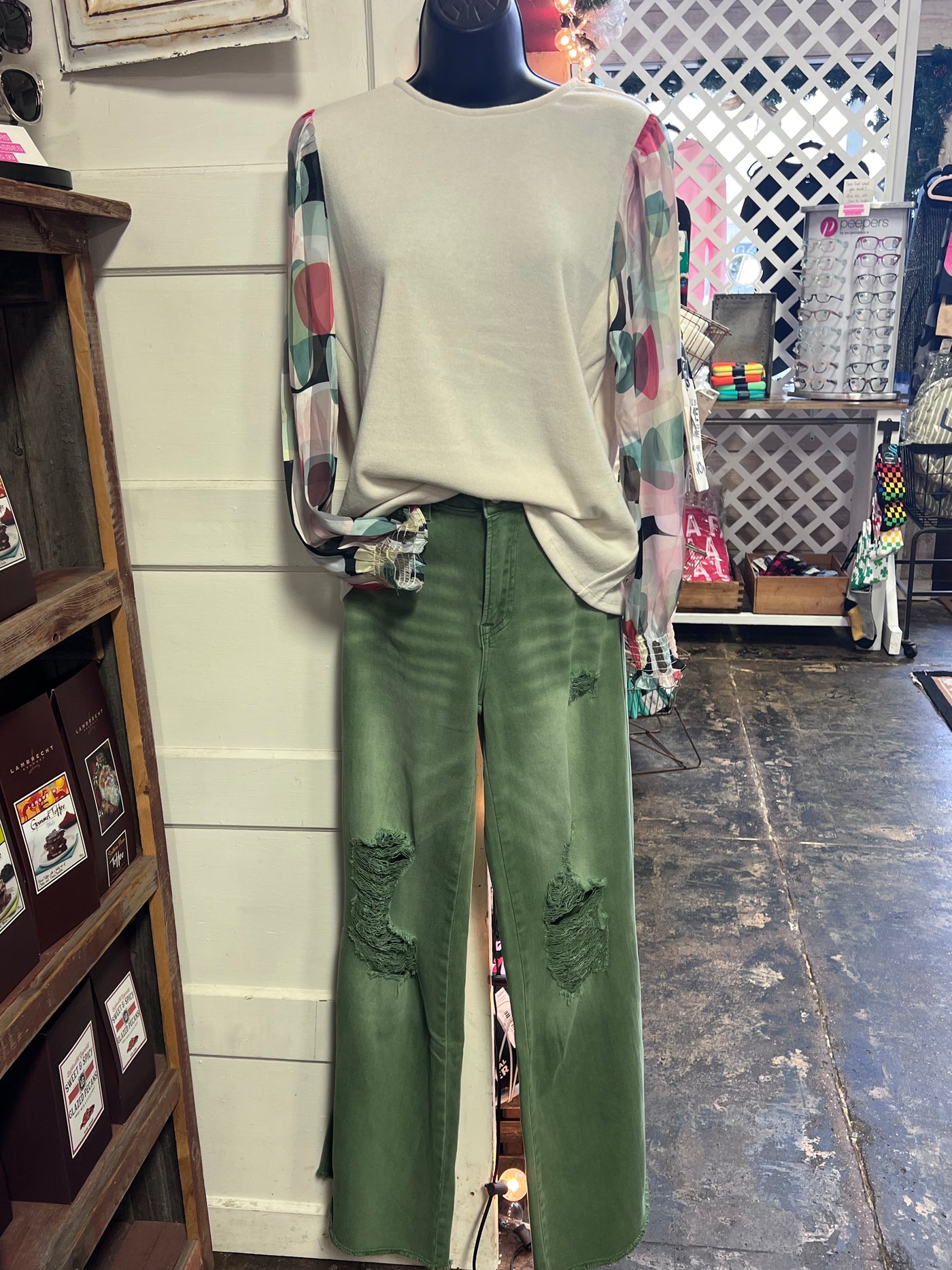 Front View. Blakeley Distressed Olive Jeans-Bottoms-Blakeley-Market Street Nest, Fashionable Clothing, Shoes and Home Décor Located in Mabank, TX