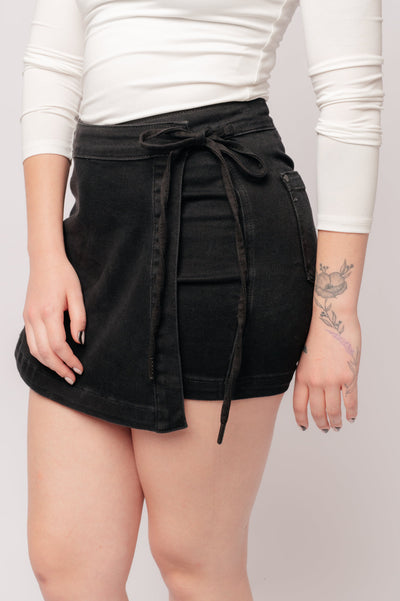 Bentli High Rise Side Tie Denim Skort in Black-Womens-Ave Shops-Market Street Nest, Fashionable Clothing, Shoes and Home Décor Located in Mabank, TX