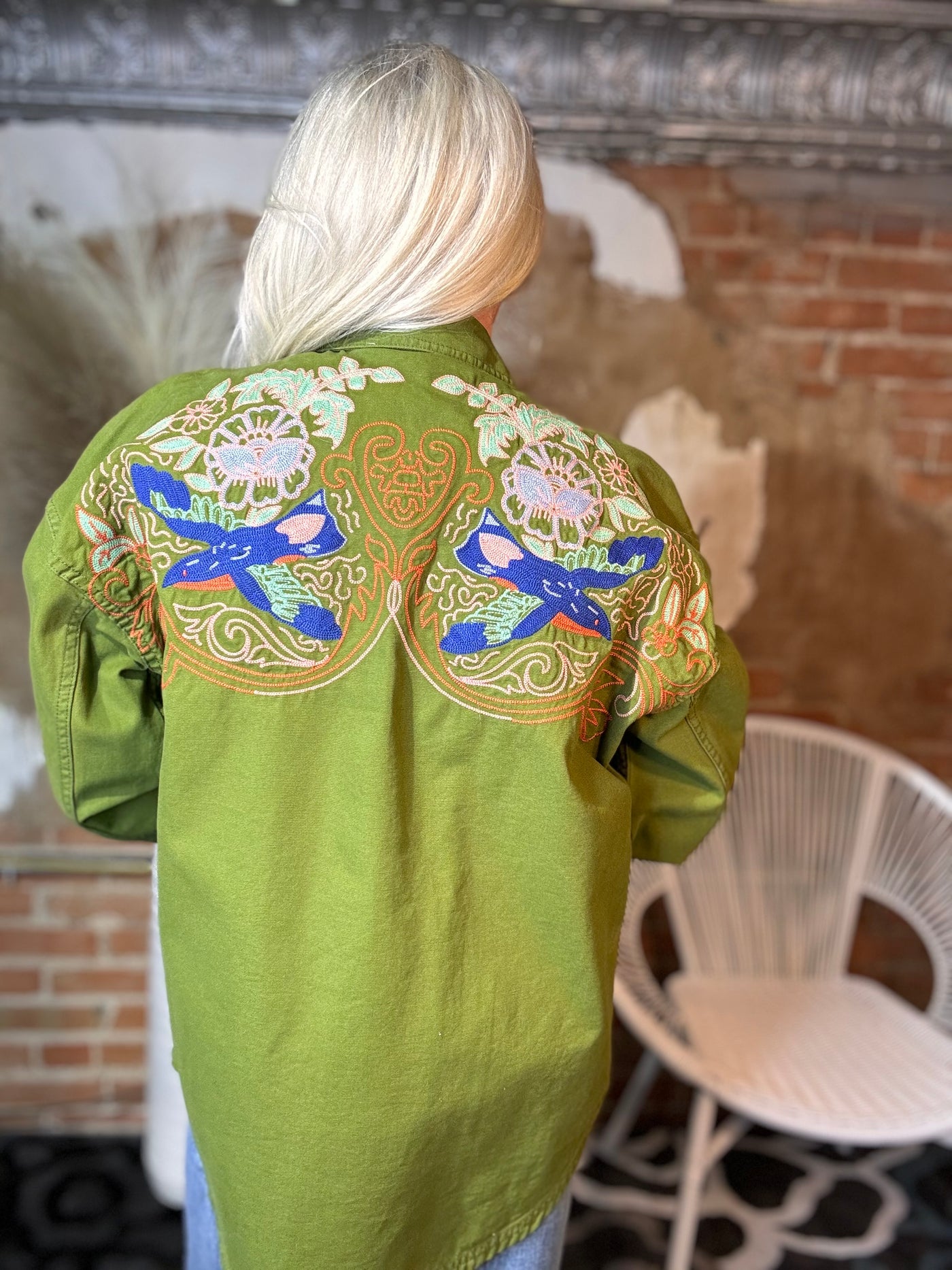 Back View. Green Denim Embroidered Jacket-Tops-Ciello-Market Street Nest, Fashionable Clothing, Shoes and Home Décor Located in Mabank, TX