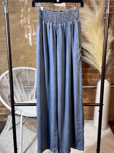 Front View. Tencel Wide Leg Pants - Med Wash-Bottoms-Before You Collection-Market Street Nest, Fashionable Clothing, Shoes and Home Décor Located in Mabank, TX