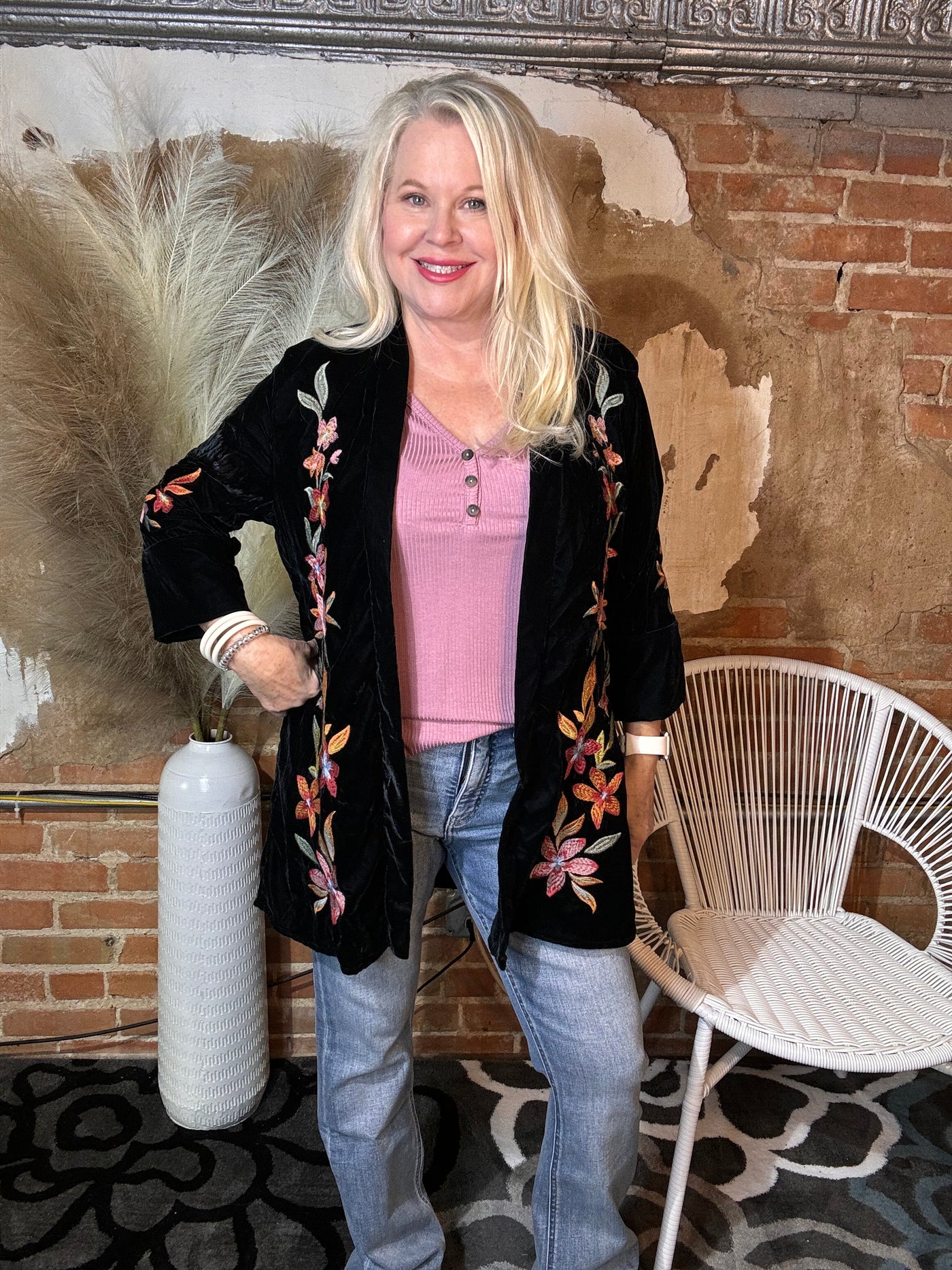 Black Embroidered Velvet 3/4 Duster-Tops-Ciello-Market Street Nest, Fashionable Clothing, Shoes and Home Décor Located in Mabank, TX