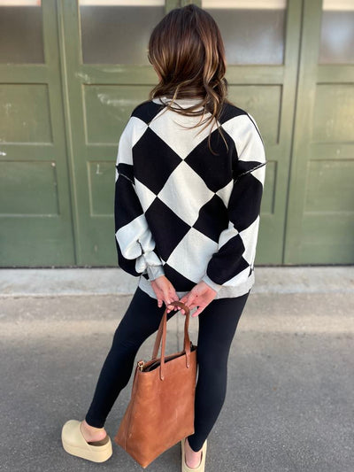 PREORDER: Contrast Trim Cardigan in Black Checkers-Womens-Ave Shops-Market Street Nest, Fashionable Clothing, Shoes and Home Décor Located in Mabank, TX