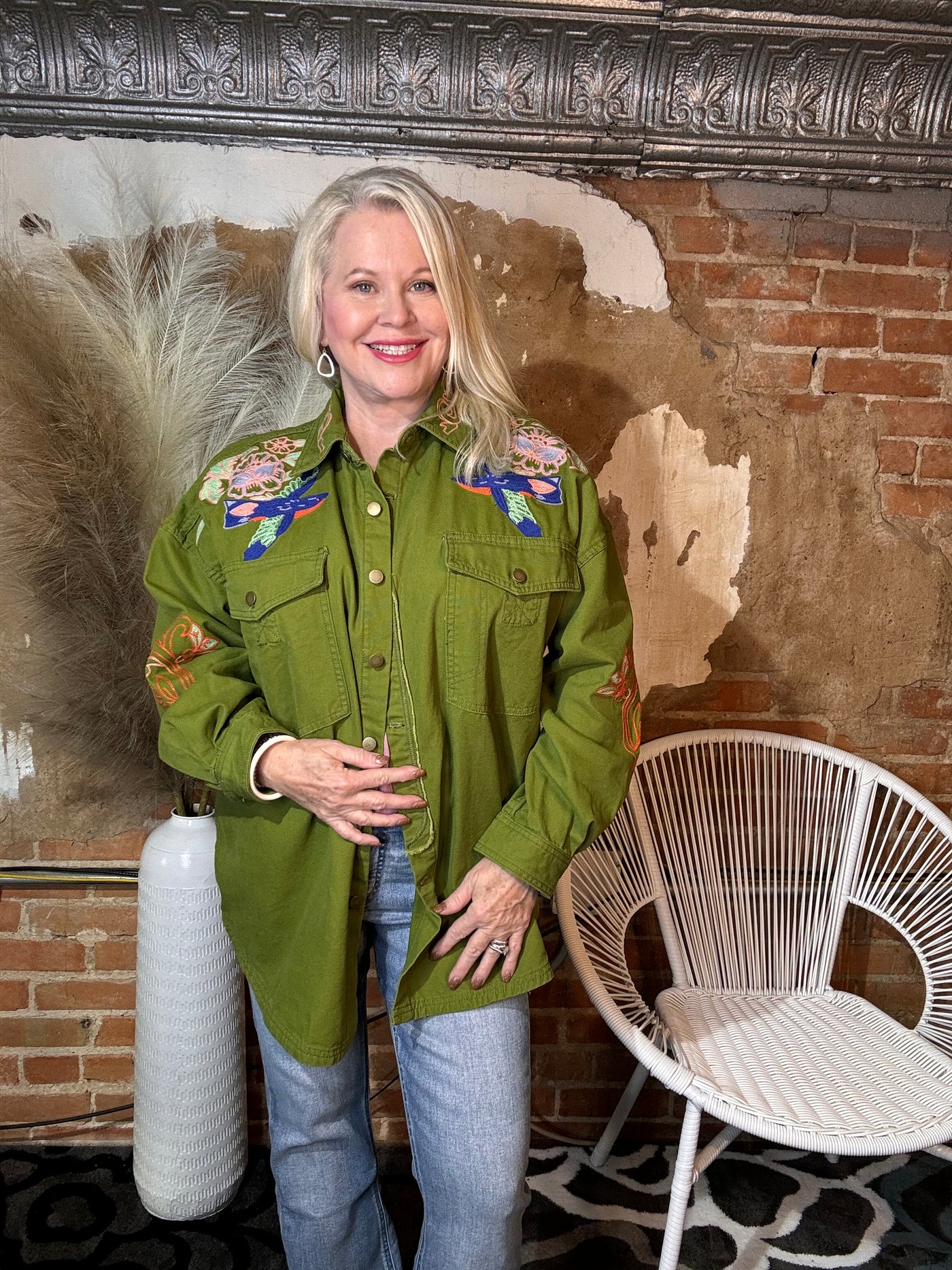 Front View. Green Denim Embroidered Jacket-Tops-Ciello-Market Street Nest, Fashionable Clothing, Shoes and Home Décor Located in Mabank, TX