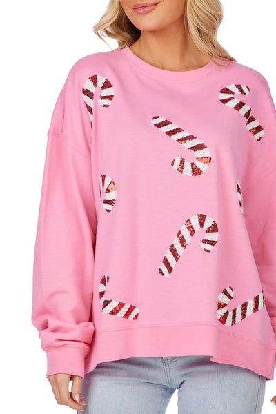 Pink Candy Cane Sparkle Sweatshirt-Tops-Mud Pie-Market Street Nest, Fashionable Clothing, Shoes and Home Décor Located in Mabank, TX