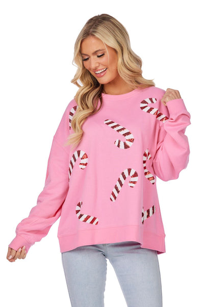 Pink Candy Cane Sparkle Sweatshirt-Tops-Mud Pie-Market Street Nest, Fashionable Clothing, Shoes and Home Décor Located in Mabank, TX