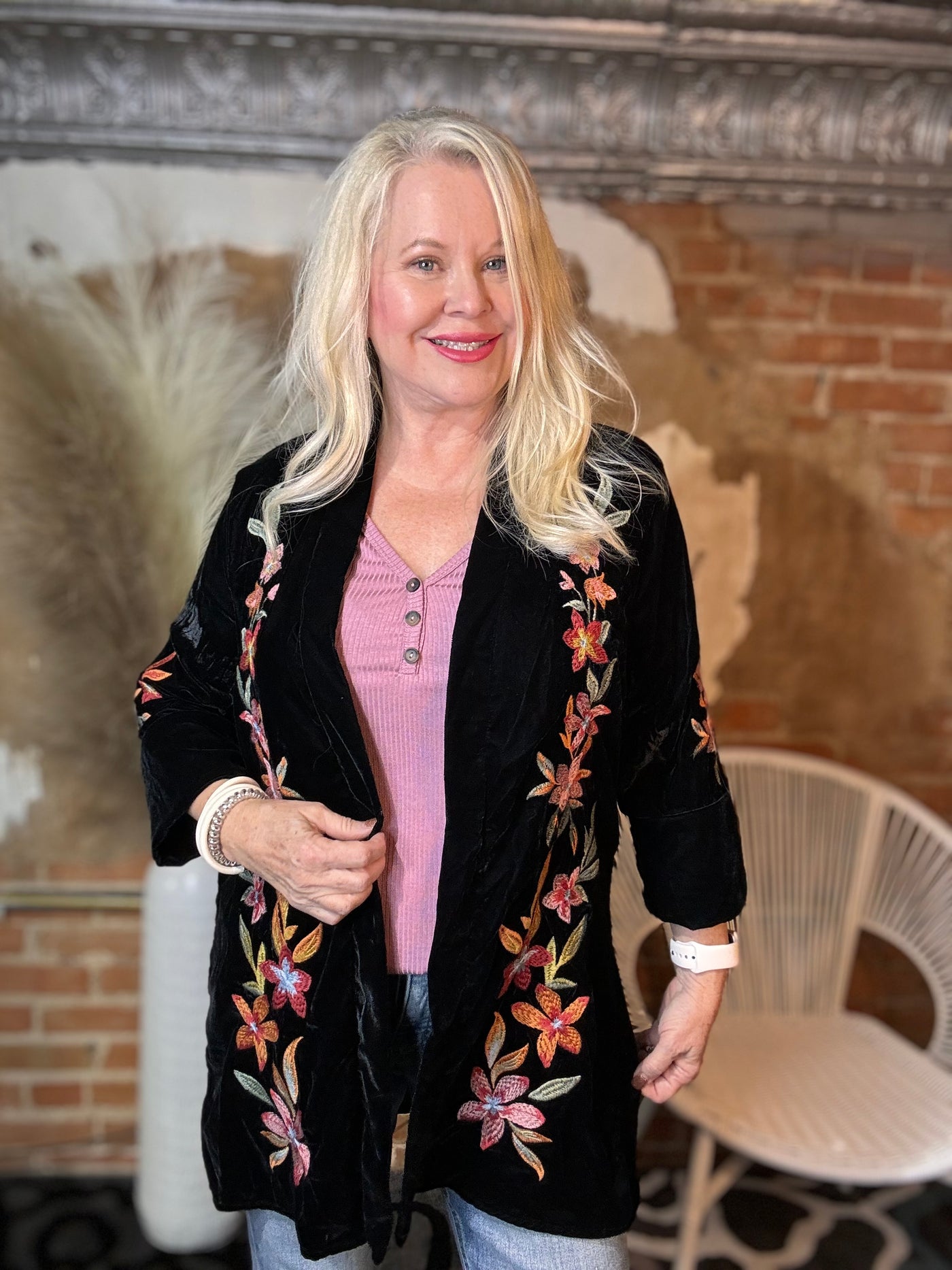 Black Embroidered Velvet 3/4 Duster-Tops-Ciello-Market Street Nest, Fashionable Clothing, Shoes and Home Décor Located in Mabank, TX