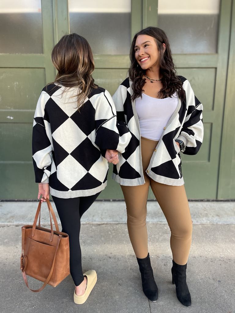 PREORDER: Contrast Trim Cardigan in Black Checkers-Womens-Ave Shops-Market Street Nest, Fashionable Clothing, Shoes and Home Décor Located in Mabank, TX