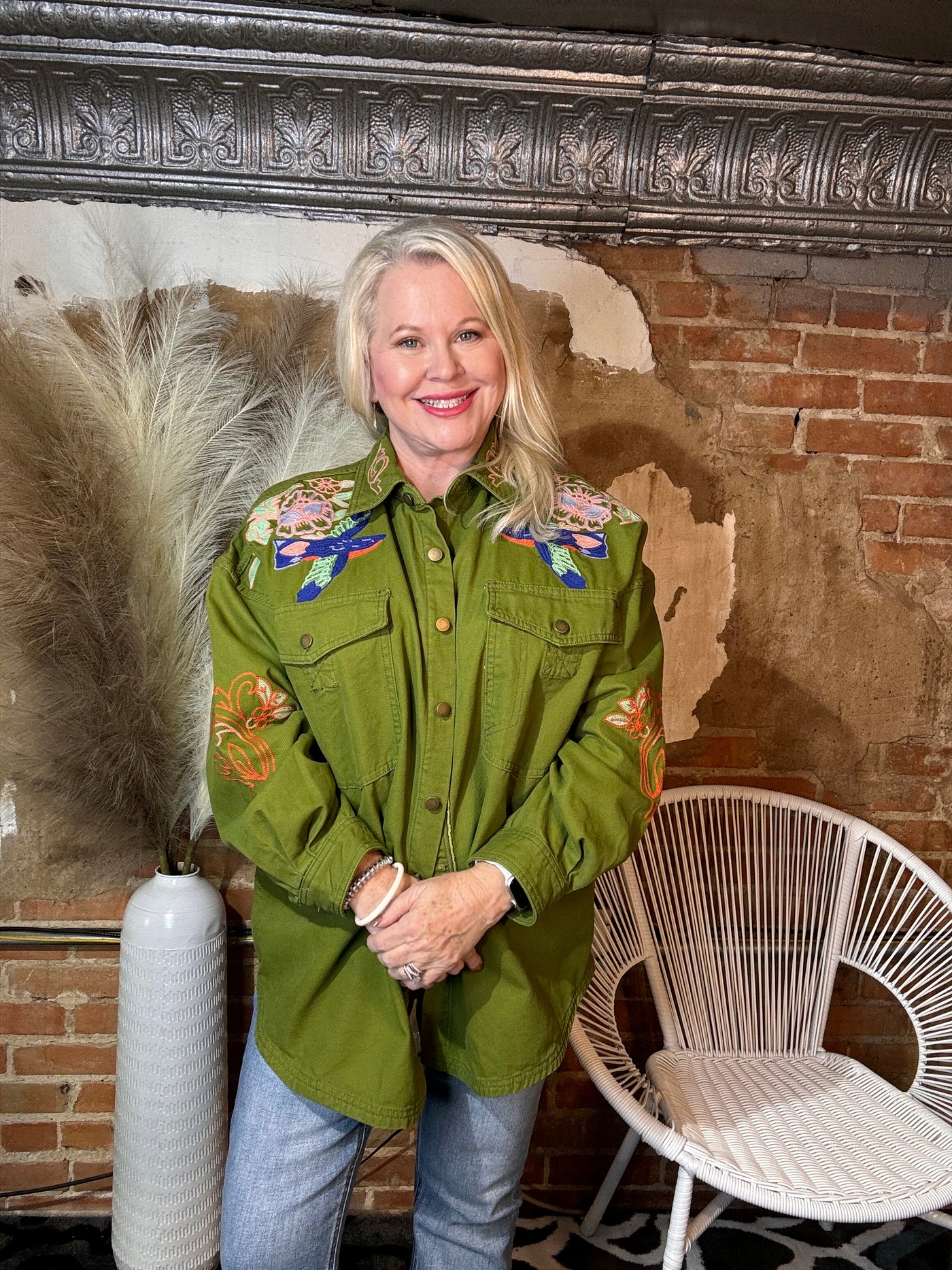 Green Denim Embroidered Jacket-Tops-Ciello-Market Street Nest, Fashionable Clothing, Shoes and Home Décor Located in Mabank, TX