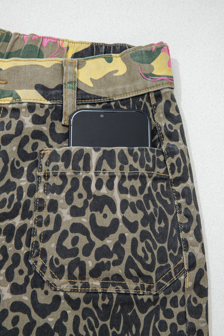 Abstract Camo Print Leopard Patchwork Straight Leg Jeans-66DISCO-Market Street Nest, Fashionable Clothing, Shoes and Home Décor Located in Mabank, TX