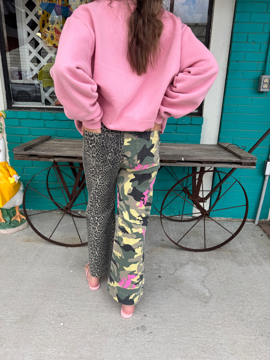 Abstract Camo Print Leopard Patchwork Straight Leg Jeans-09-Bottoms-66DISCO-Market Street Nest, Fashionable Clothing, Shoes and Home Décor Located in Mabank, TX