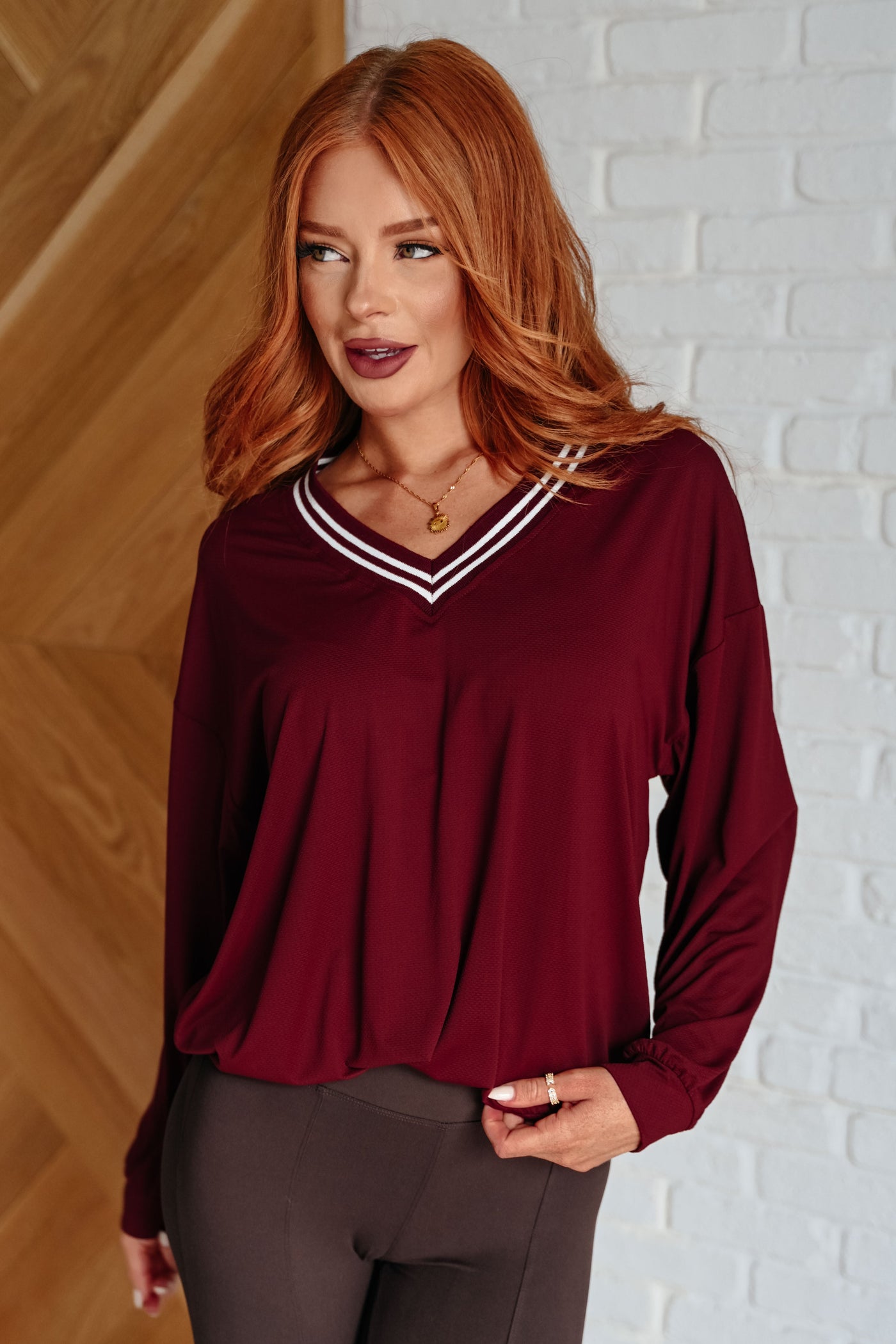 All Out Comfort V-Neck Pullover in Red Merlot-Tops-Ave Shops-Market Street Nest, Fashionable Clothing, Shoes and Home Décor Located in Mabank, TX