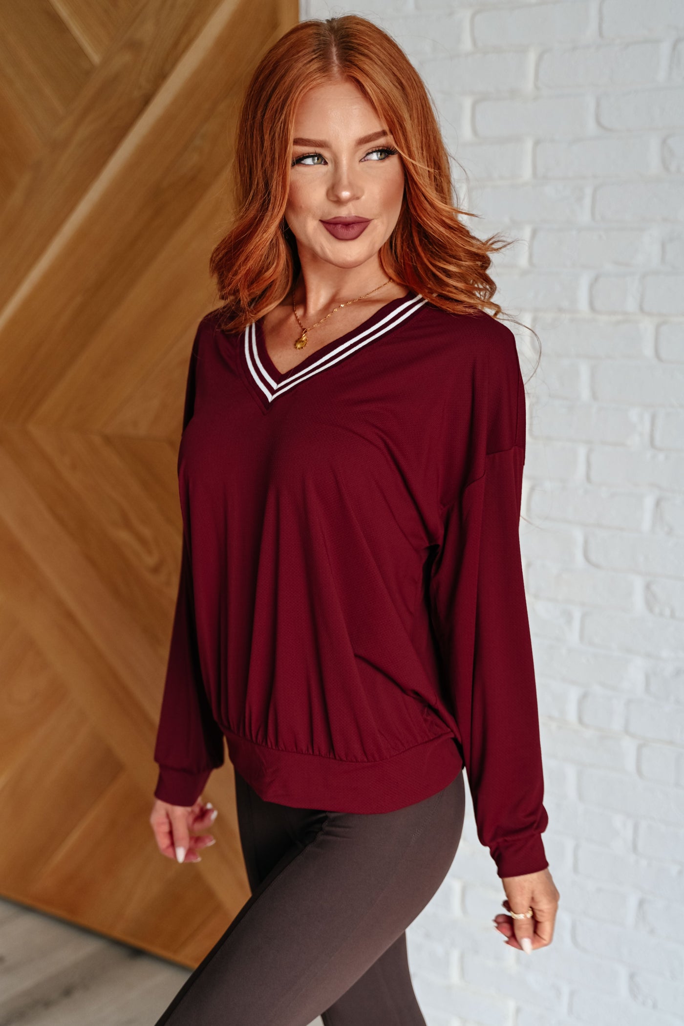 All Out Comfort V-Neck Pullover in Red Merlot-Tops-Ave Shops-Market Street Nest, Fashionable Clothing, Shoes and Home Décor Located in Mabank, TX