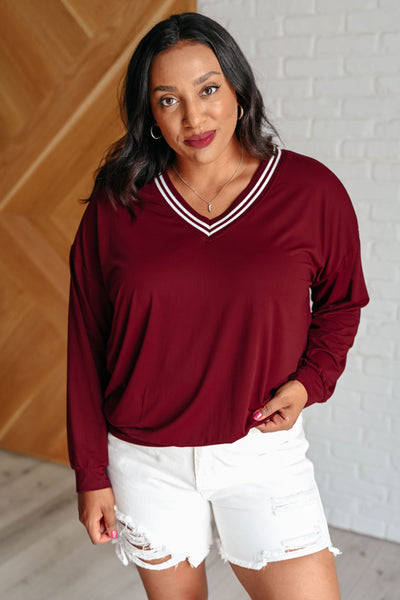 All Out Comfort V-Neck Pullover in Red Merlot-Tops-Ave Shops-Market Street Nest, Fashionable Clothing, Shoes and Home Décor Located in Mabank, TX