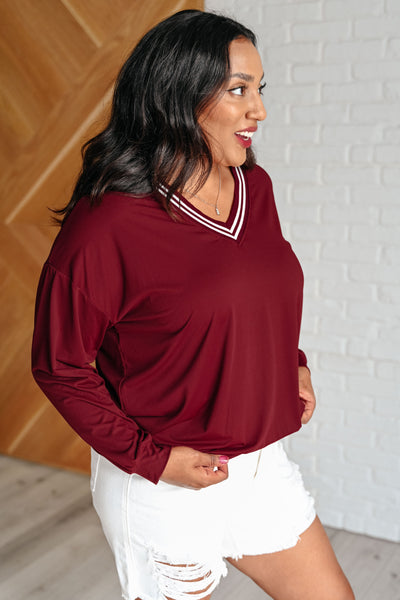 All Out Comfort V-Neck Pullover in Red Merlot-Tops-Ave Shops-Market Street Nest, Fashionable Clothing, Shoes and Home Décor Located in Mabank, TX