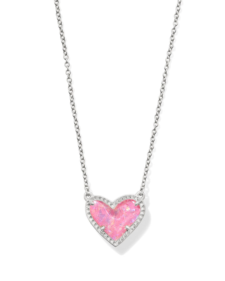 Ari Heart Pendant Necklace in Silver Pink Iridescent Glitter Glass-Necklaces-Kendra Scott-Market Street Nest, Fashionable Clothing, Shoes and Home Décor Located in Mabank, TX