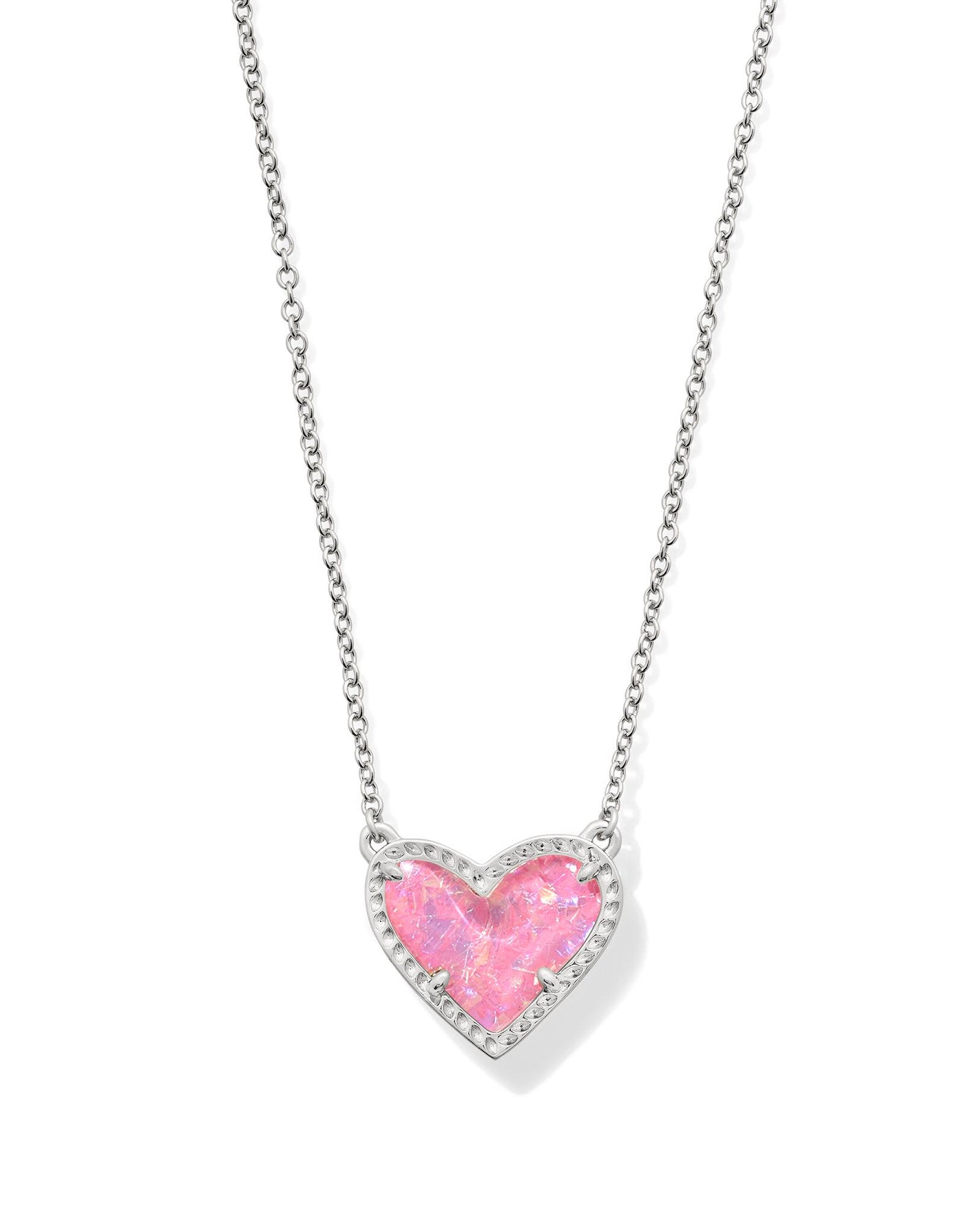 Ari Heart Pendant Necklace in Silver Pink Iridescent Glitter Glass-Necklaces-Kendra Scott-Market Street Nest, Fashionable Clothing, Shoes and Home Décor Located in Mabank, TX