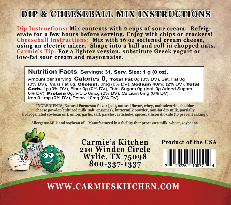 Artichoke Parmesan Dip Mix-Carmie's Kitchen-Market Street Nest, Fashionable Clothing, Shoes and Home Décor Located in Mabank, TX