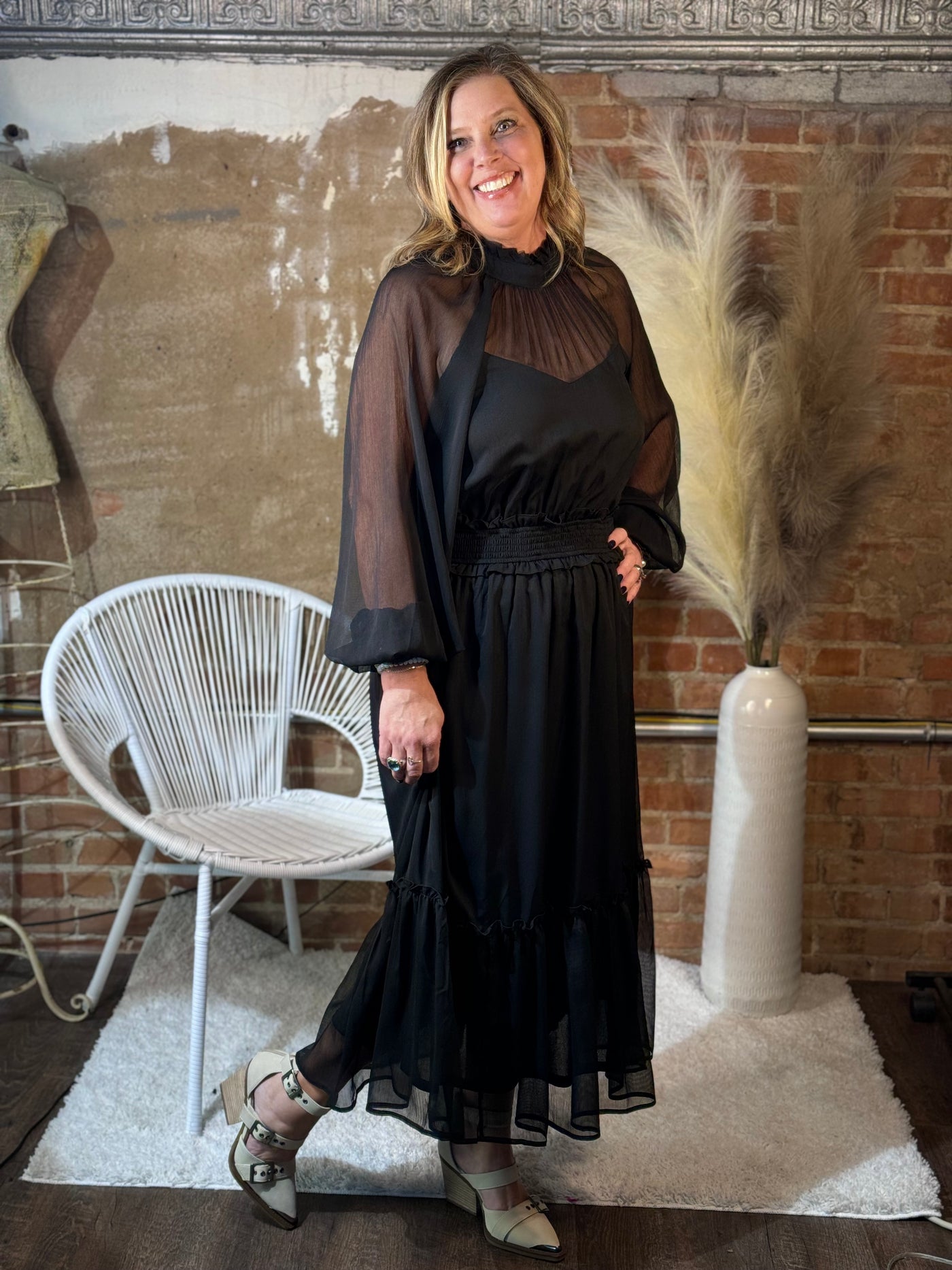 Front View. Black Sheer Sleeve Dress-Urban Market-Market Street Nest, Fashionable Clothing, Shoes and Home Décor Located in Mabank, TX