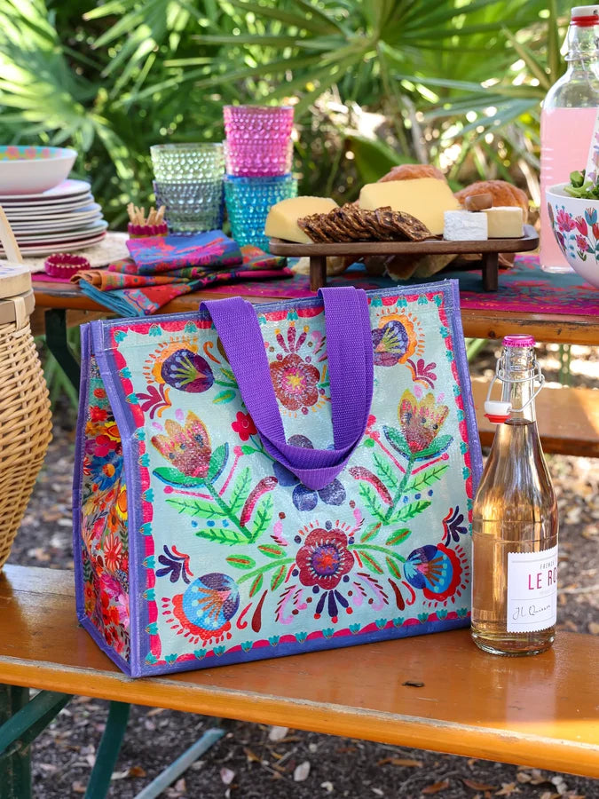 Natural Life Insulated Cooler Tote - Dusty Blue Folk Flower-03-Home & Gift-Natural Life-Market Street Nest, Fashionable Clothing, Shoes and Home Décor Located in Mabank, TX