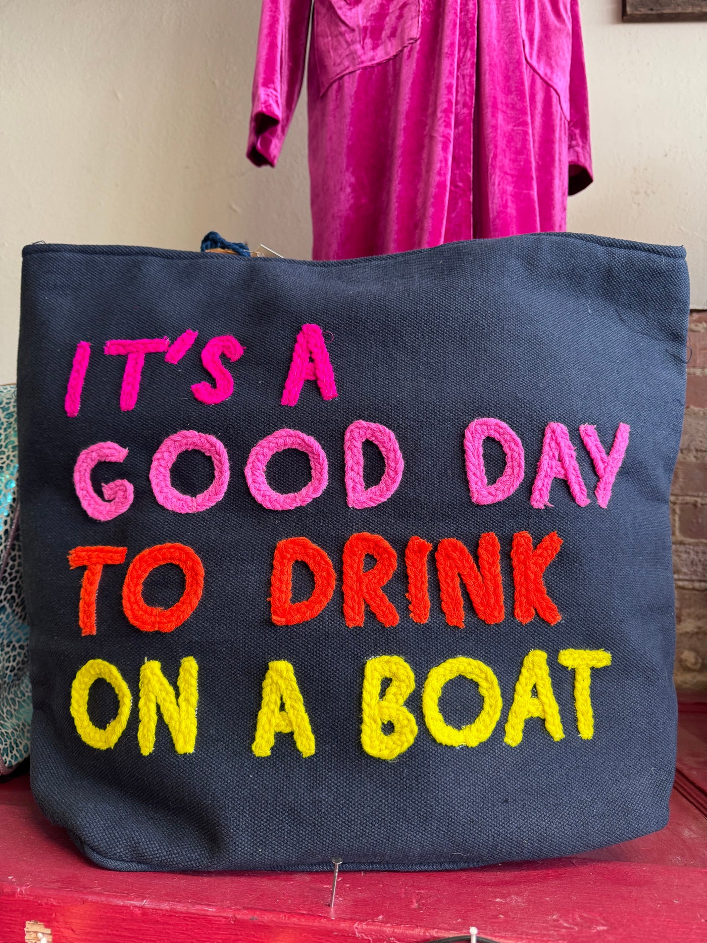 Front View. Drink On A Boat Tote - Navy-Handbags-Panache Accessories-Market Street Nest, Fashionable Clothing, Shoes and Home Décor Located in Mabank, TX