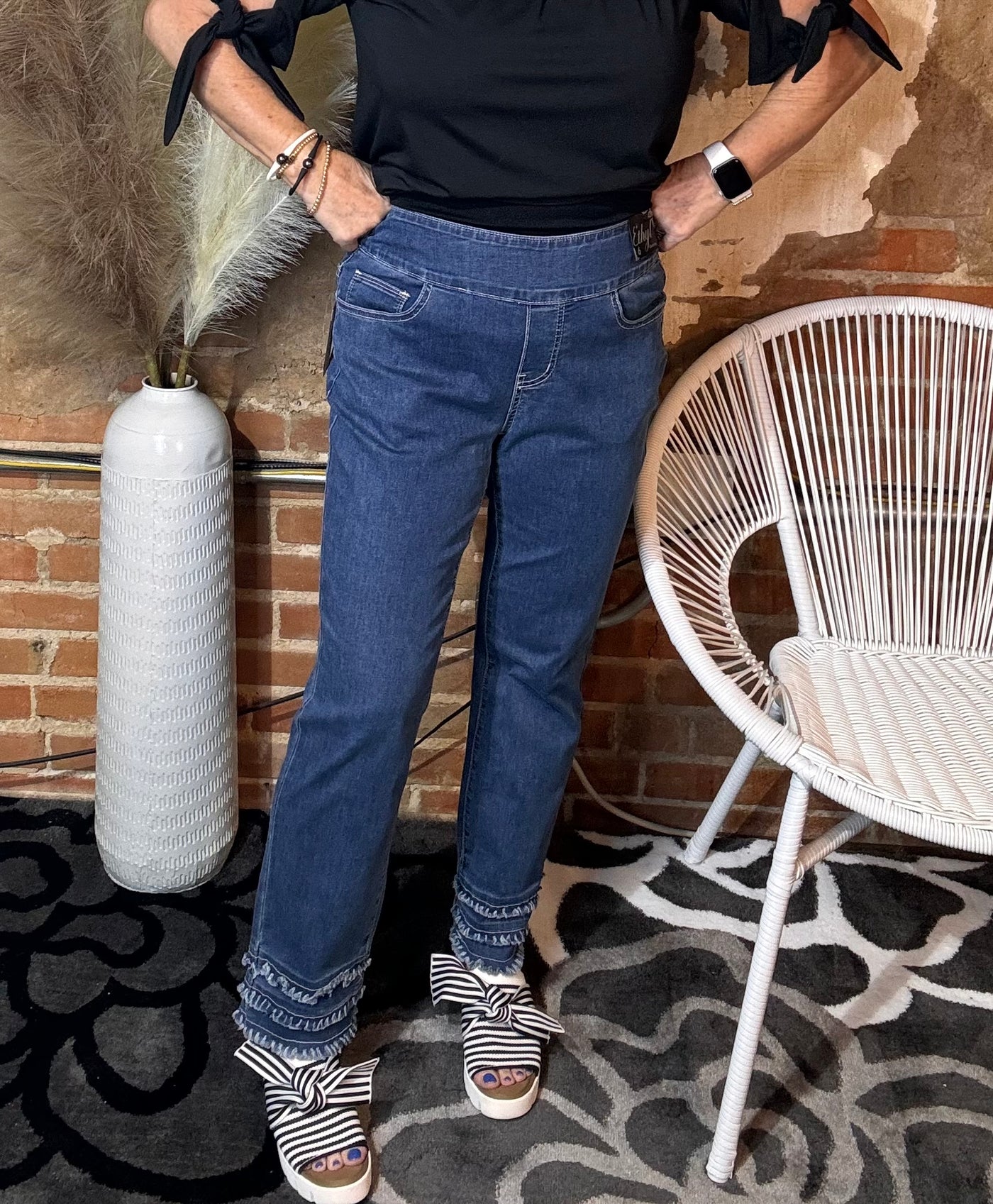 Front View. Playful Pull On Pant by Ethyl - Denim-Bottoms-True Blue Inc.-Market Street Nest, Fashionable Clothing, Shoes and Home Décor Located in Mabank, TX