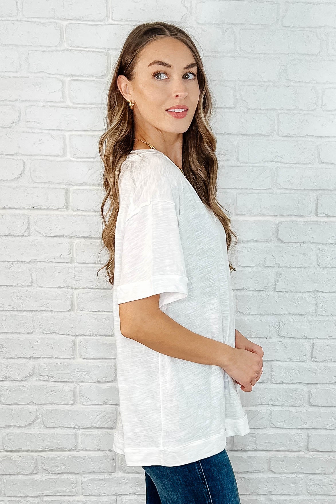 Basic Instinct Drop Shoulder V-Neck Tee in Ivory-Womens-Ave Shops-Market Street Nest, Fashionable Clothing, Shoes and Home Décor Located in Mabank, TX