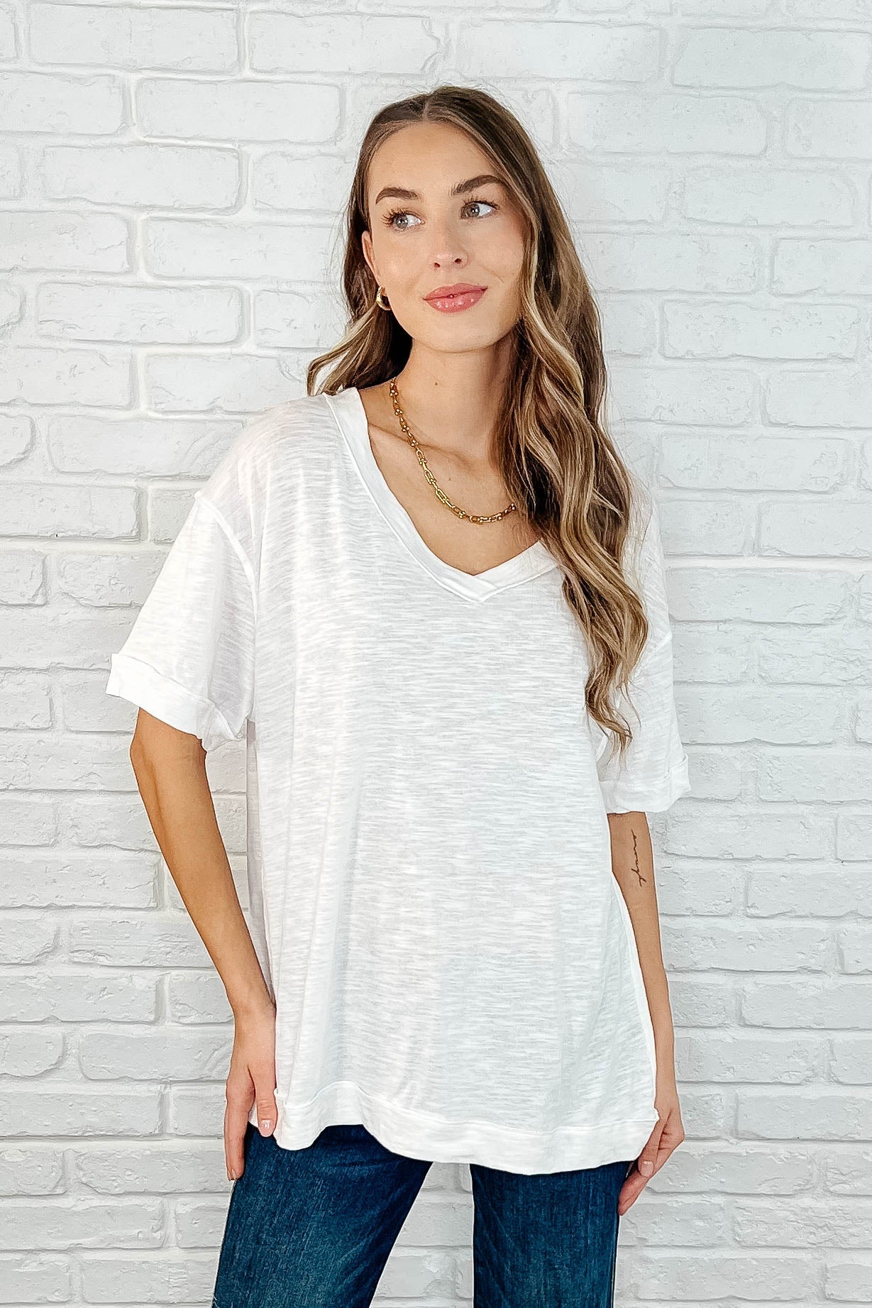 Basic Instinct Drop Shoulder V-Neck Tee in Ivory-Womens-Ave Shops-Market Street Nest, Fashionable Clothing, Shoes and Home Décor Located in Mabank, TX