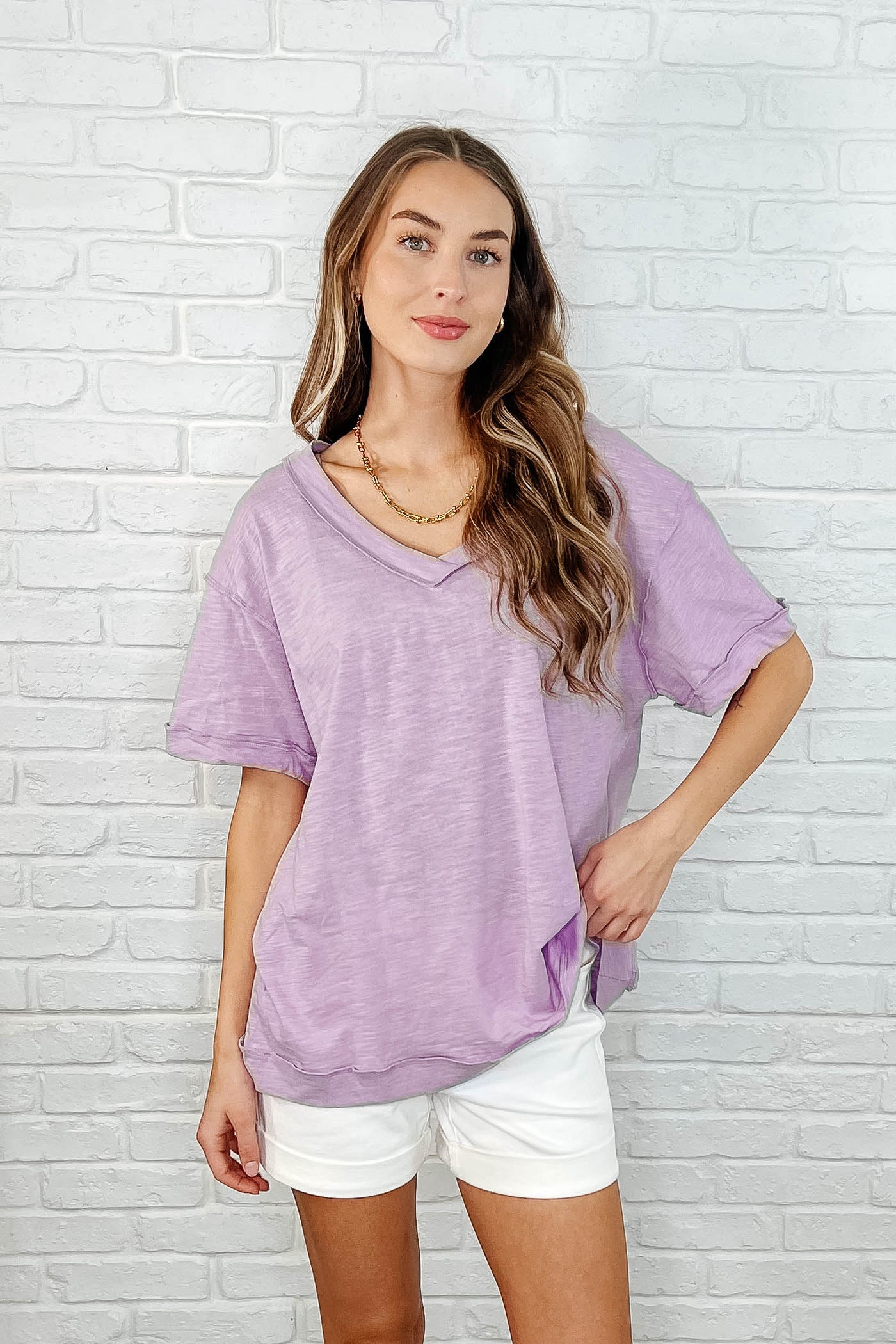 Basic Instinct Drop Shoulder V-Neck Tee in Lilac-Womens-Ave Shops-Market Street Nest, Fashionable Clothing, Shoes and Home Décor Located in Mabank, TX