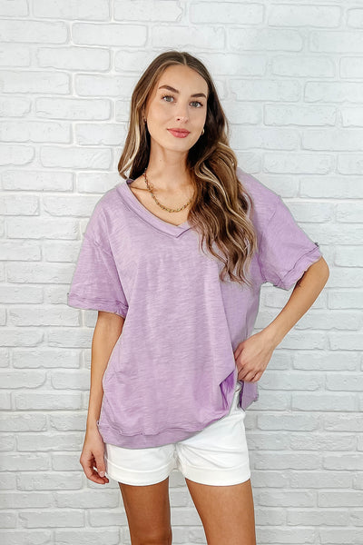Basic Instinct Drop Shoulder V-Neck Tee in Lilac-Womens-Ave Shops-Market Street Nest, Fashionable Clothing, Shoes and Home Décor Located in Mabank, TX