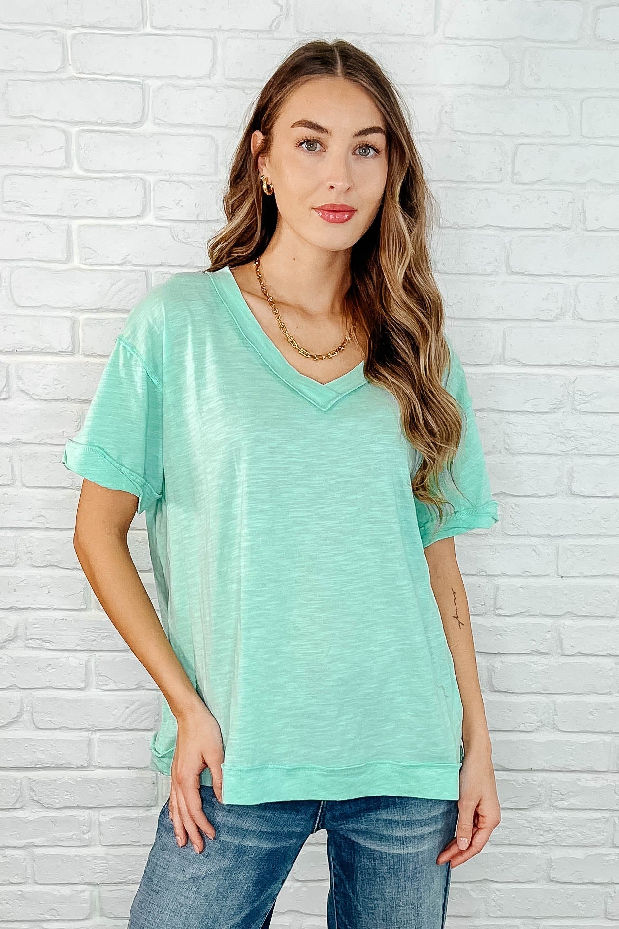 Basic Instinct Drop Shoulder V-Neck Tee in Mint-Womens-Ave Shops-Market Street Nest, Fashionable Clothing, Shoes and Home Décor Located in Mabank, TX
