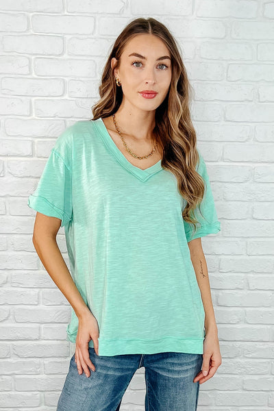 Basic Instinct Drop Shoulder V-Neck Tee in Mint-Womens-Ave Shops-Market Street Nest, Fashionable Clothing, Shoes and Home Décor Located in Mabank, TX