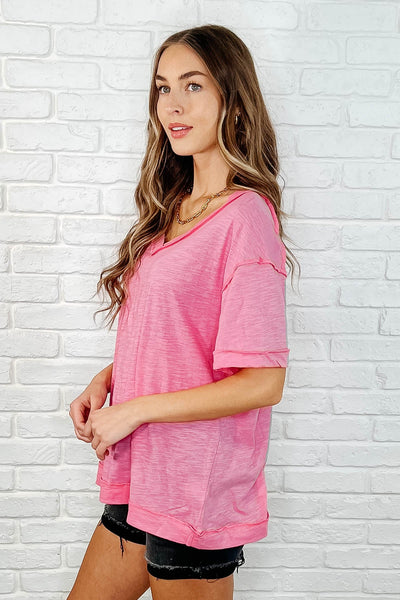 Basic Instinct Drop Shoulder V-Neck Tee in Pink-Womens-Ave Shops-Market Street Nest, Fashionable Clothing, Shoes and Home Décor Located in Mabank, TX